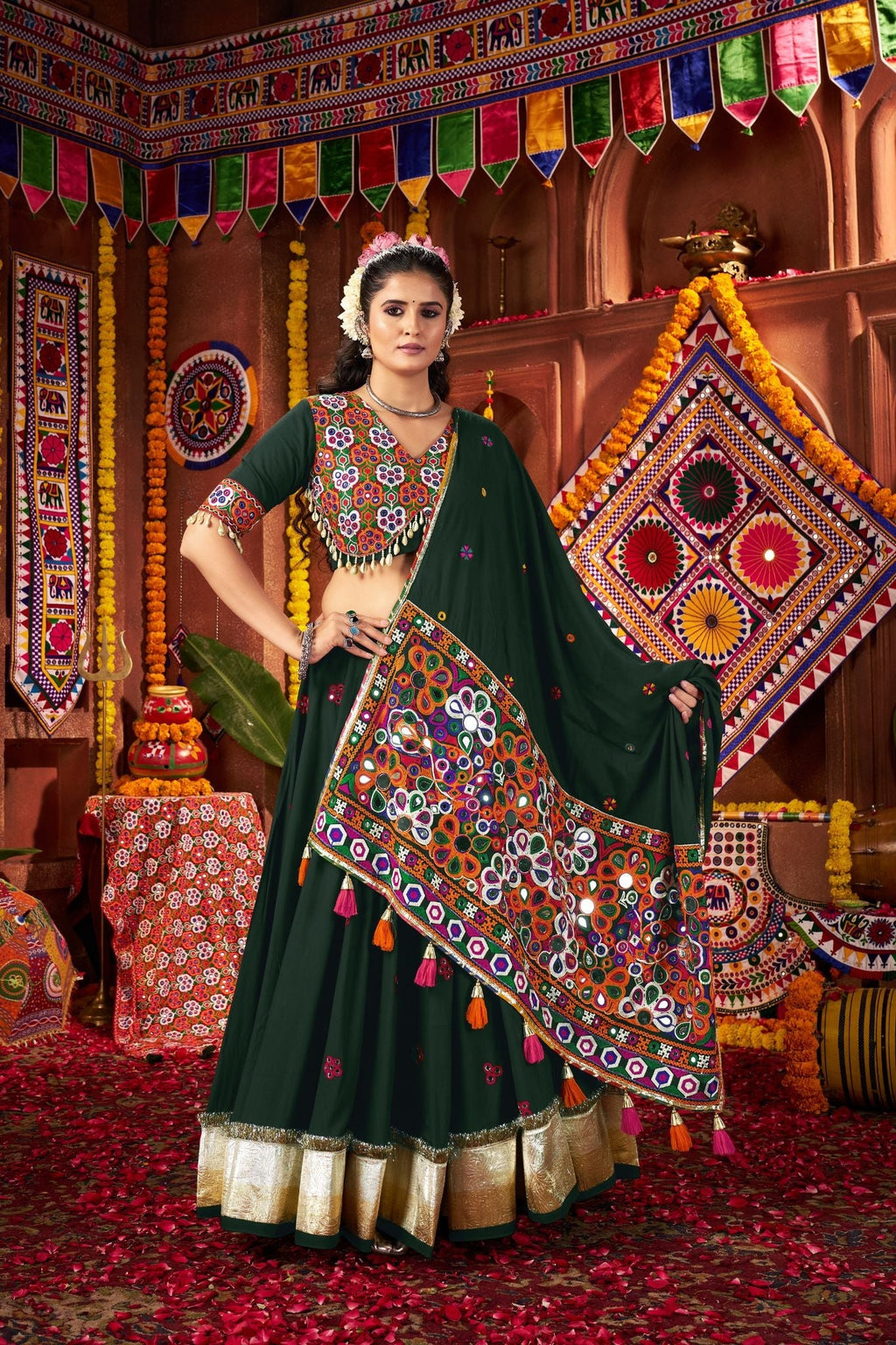 Premium Designer Green Viscose Cotton Thread With Mirror Work Navratri Lehenga Choli - ETHNICDEAL