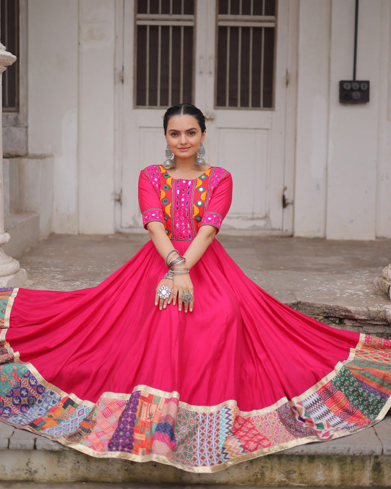 Colorful Border Pink Color Roman Silk Gamthi Work Navratri Gown - ETHNICDEAL