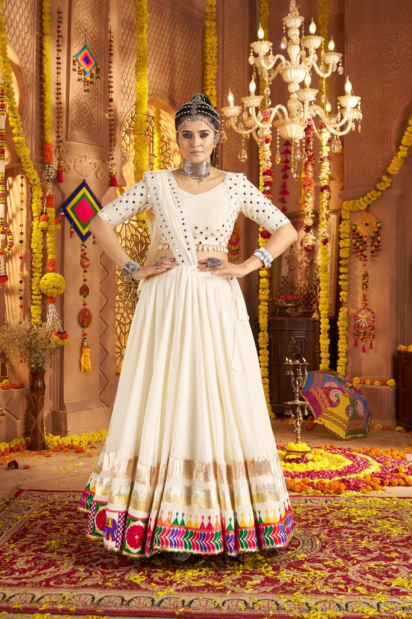 Viscose Rayon Thread Embroidered With Mirror Work Readymade Navratri Lehenga Choli - ETHNICDEAL