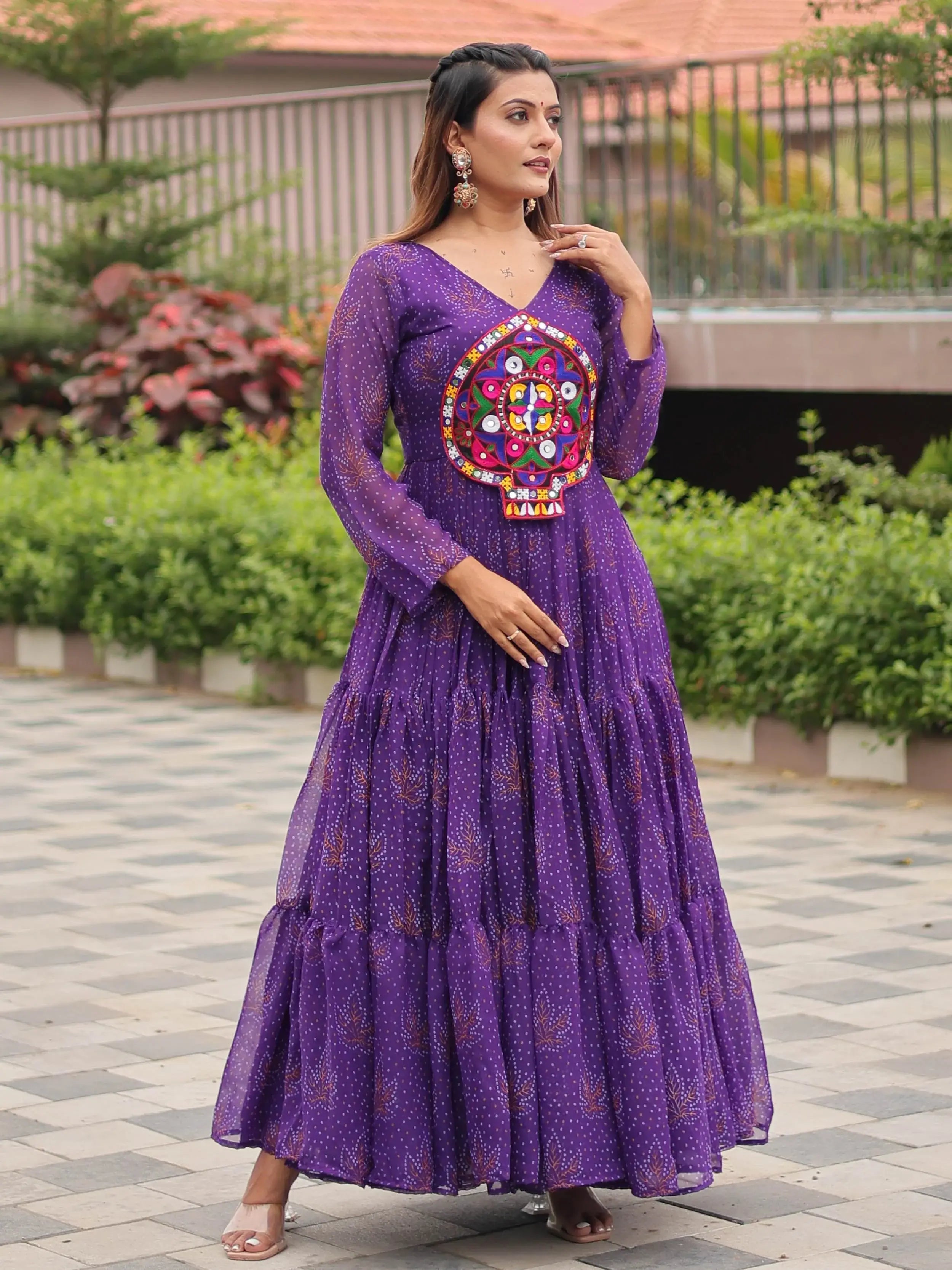 Fabulous Purple Georgette Gamthi Work Festival Wear Gown