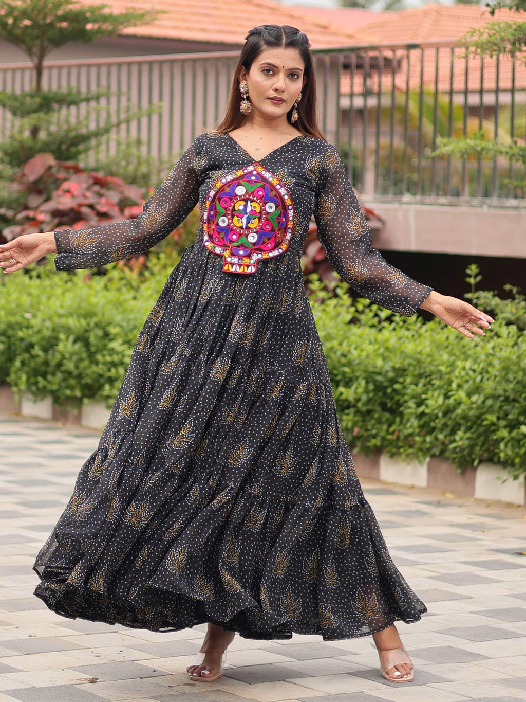 Feminine Black Georgette Bandhani Printed Traditional Layered Gown