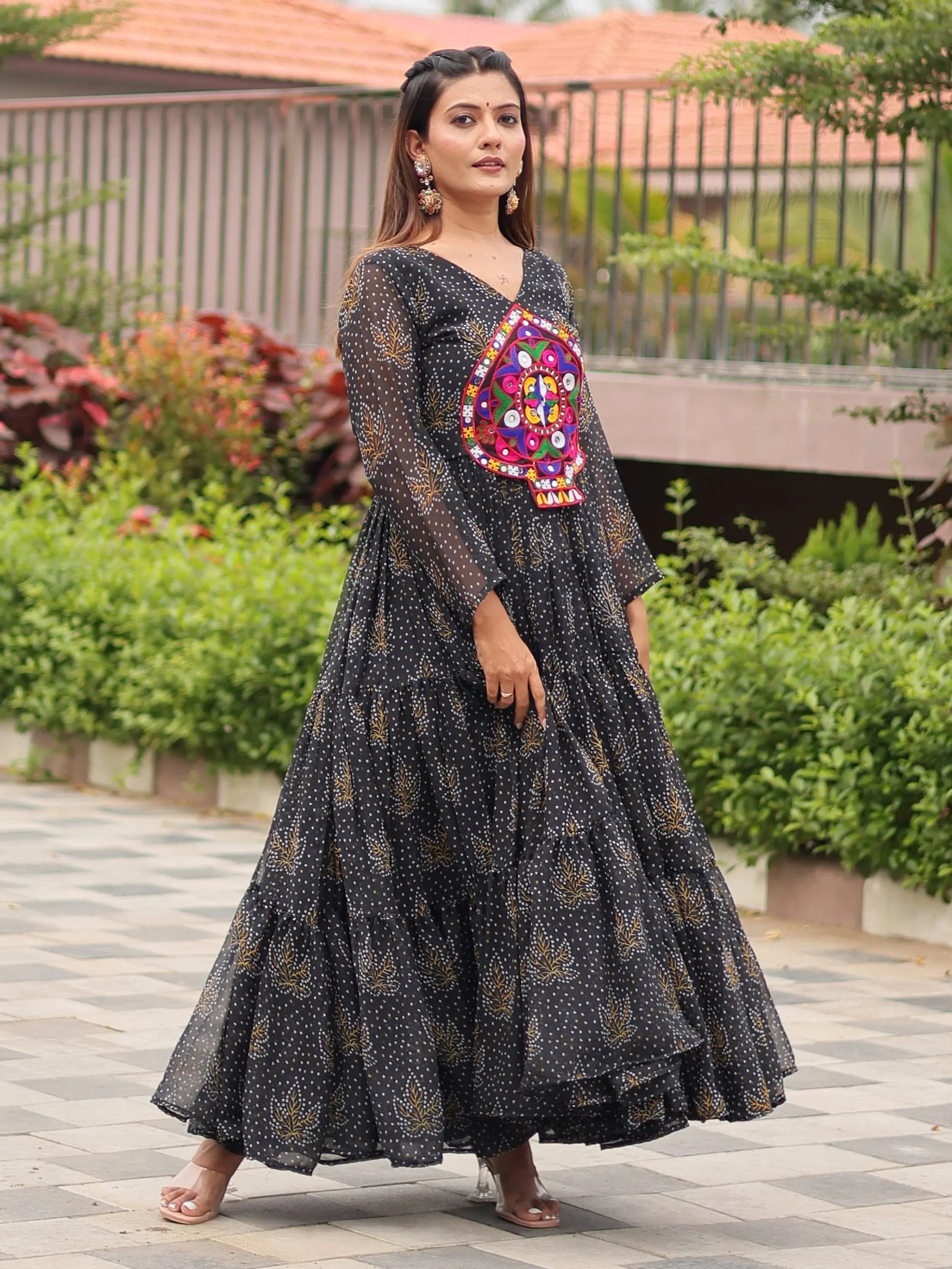 Feminine Black Georgette Bandhani Printed Traditional Layered Gown