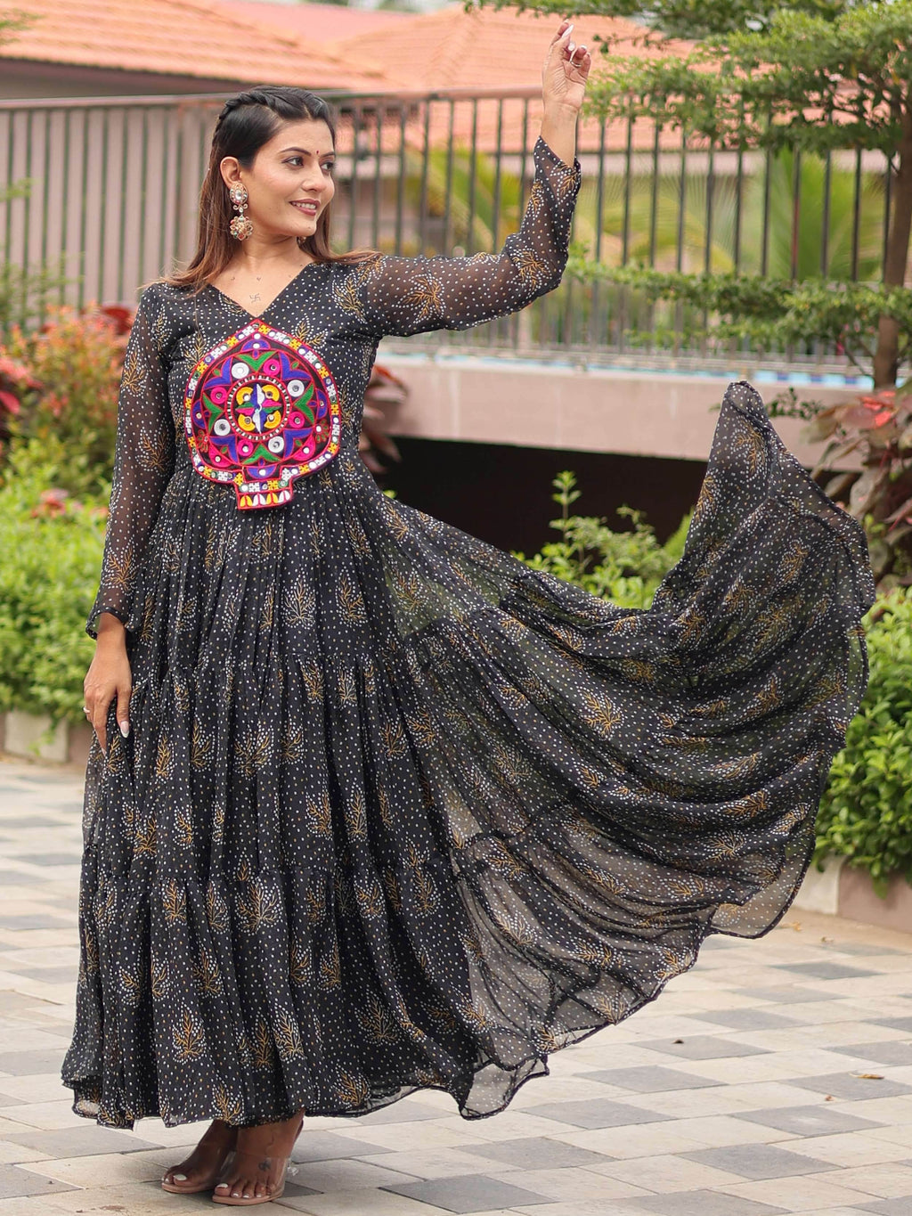 Feminine Black Georgette Bandhani Printed Traditional Layered Gown