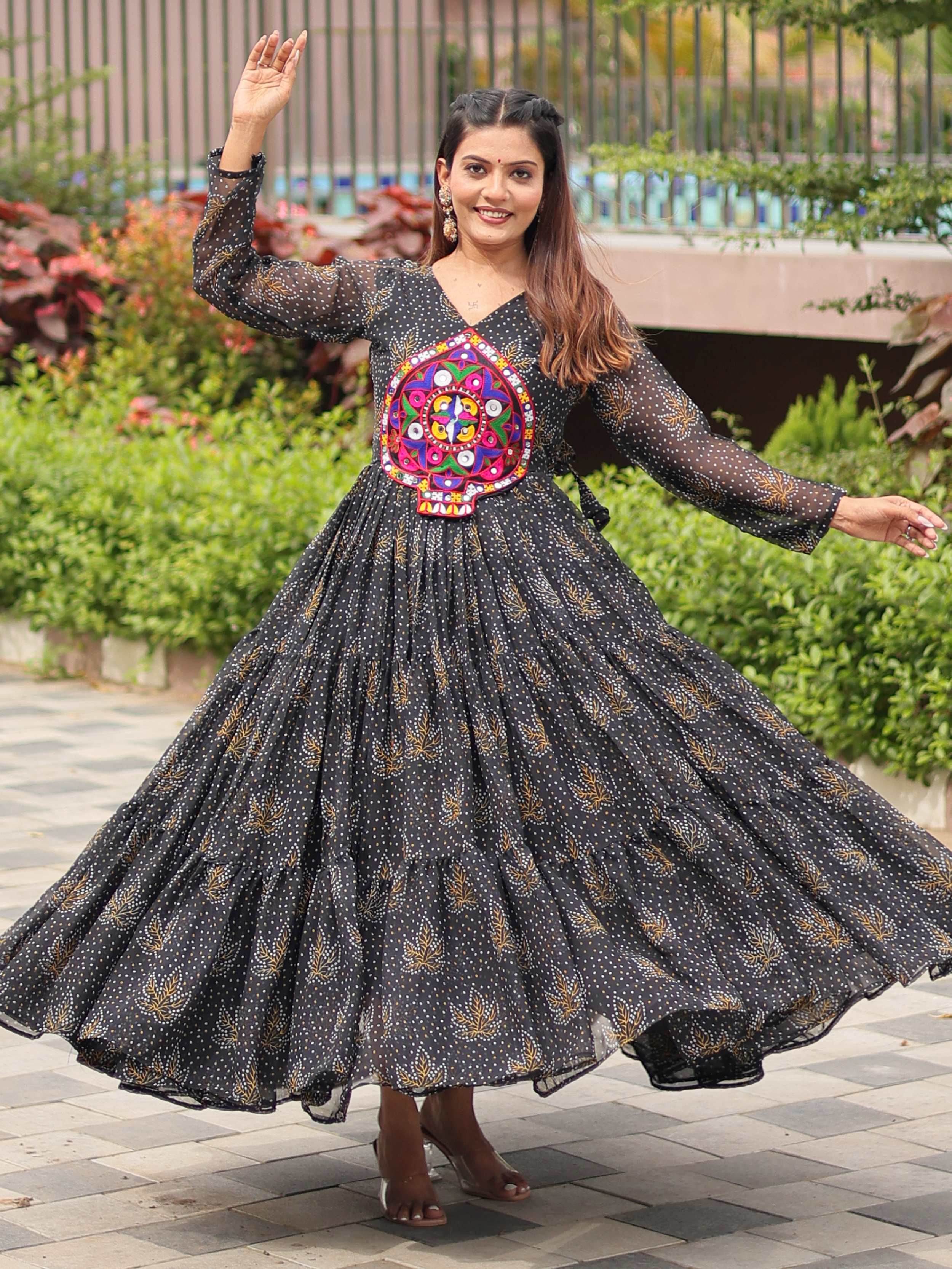 Feminine Black Georgette Bandhani Printed Traditional Layered Gown