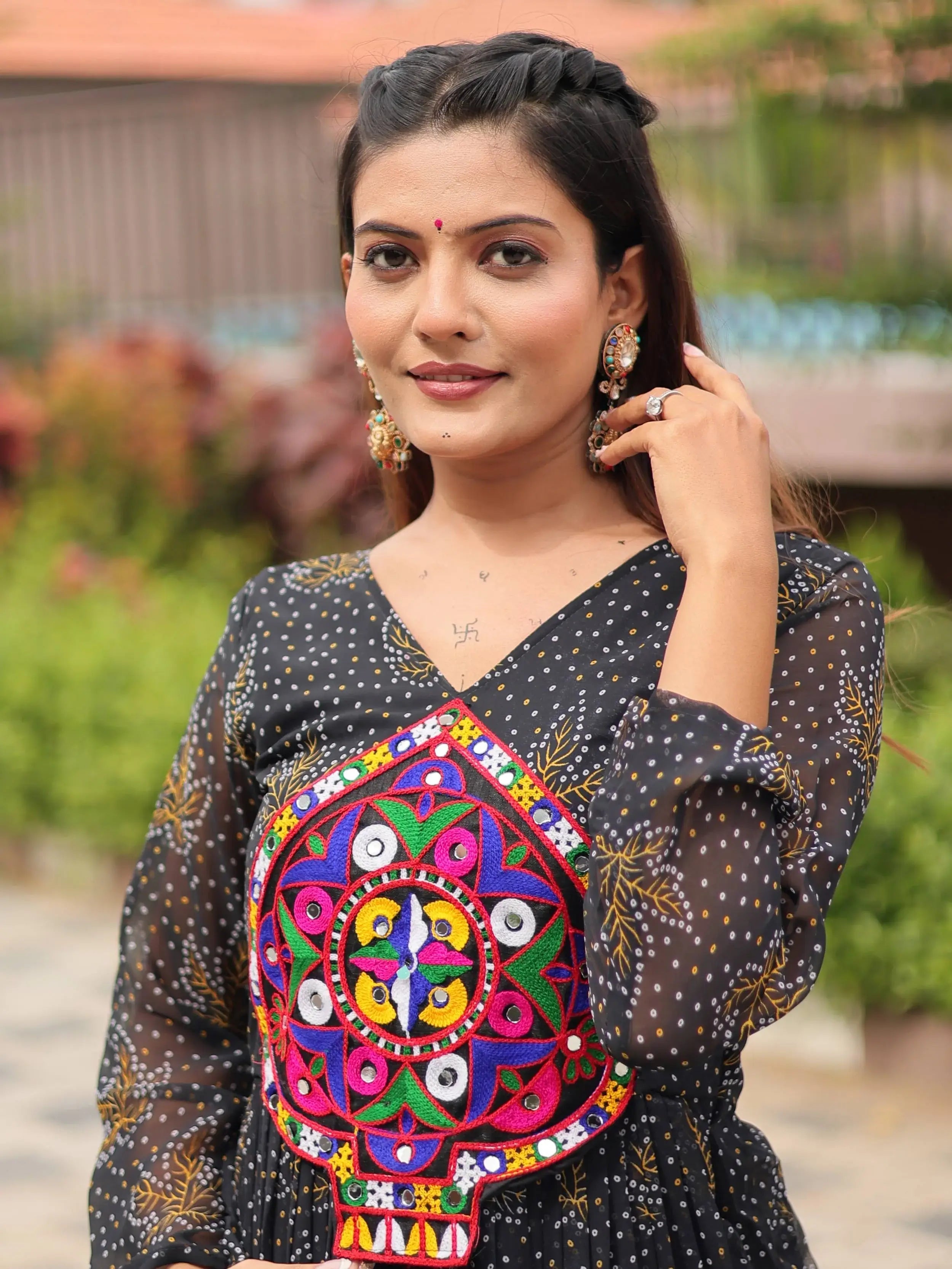 Feminine Black Georgette Bandhani Printed Traditional Layered Gown