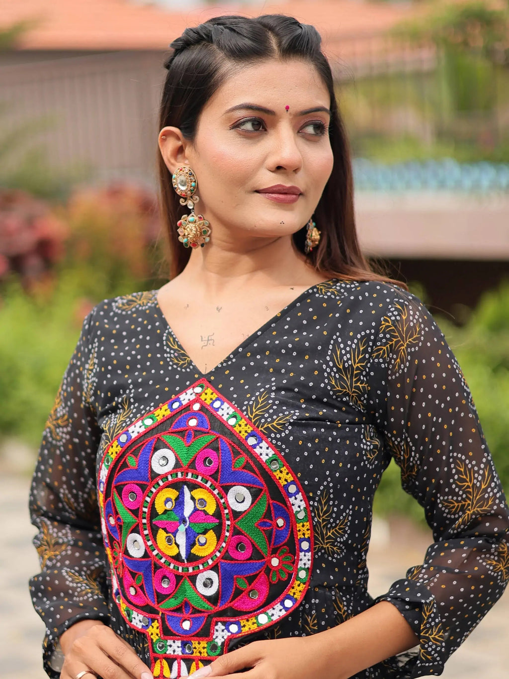 Feminine Black Georgette Bandhani Printed Traditional Layered Gown