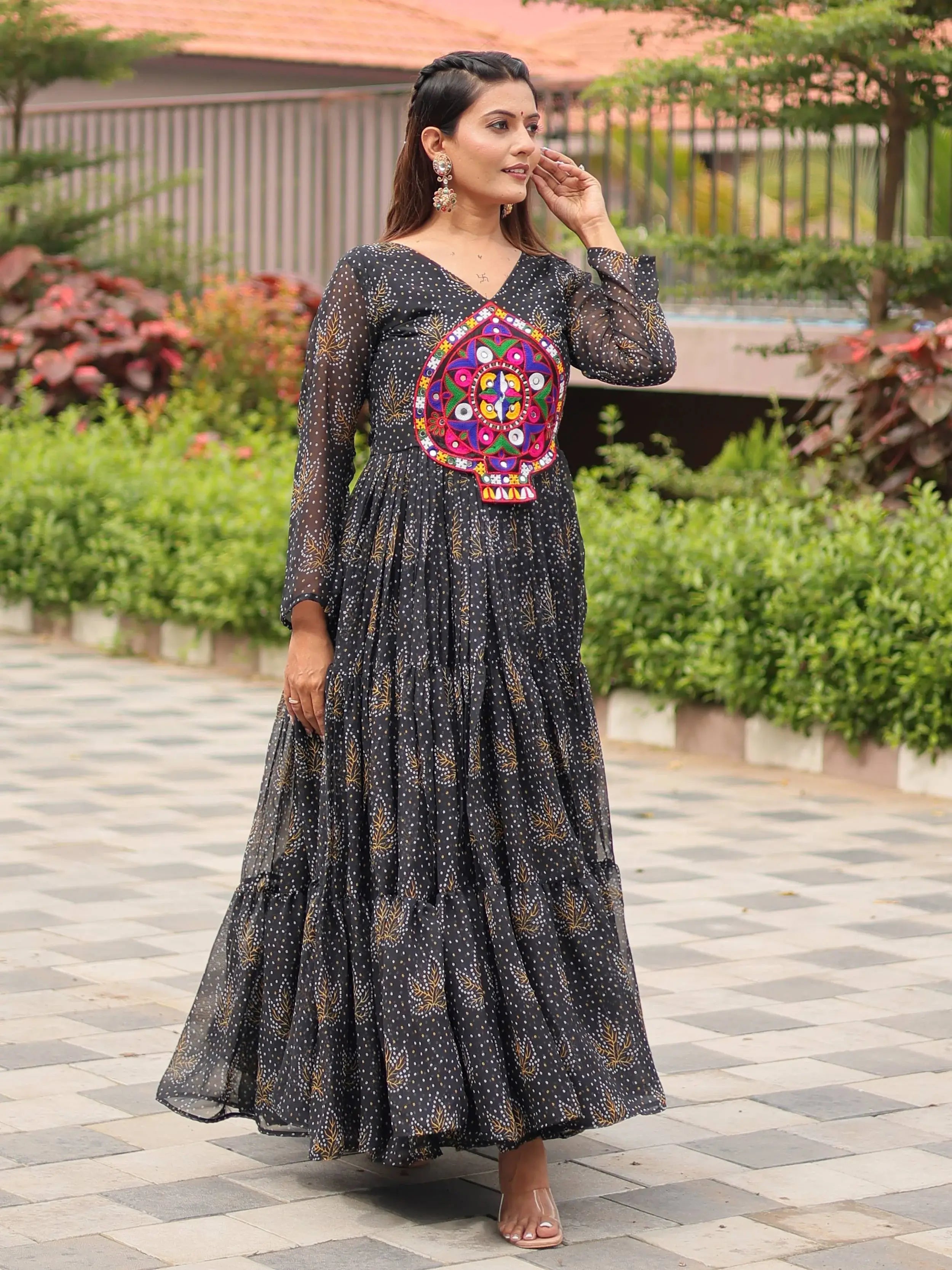 Feminine Black Georgette Bandhani Printed Traditional Layered Gown