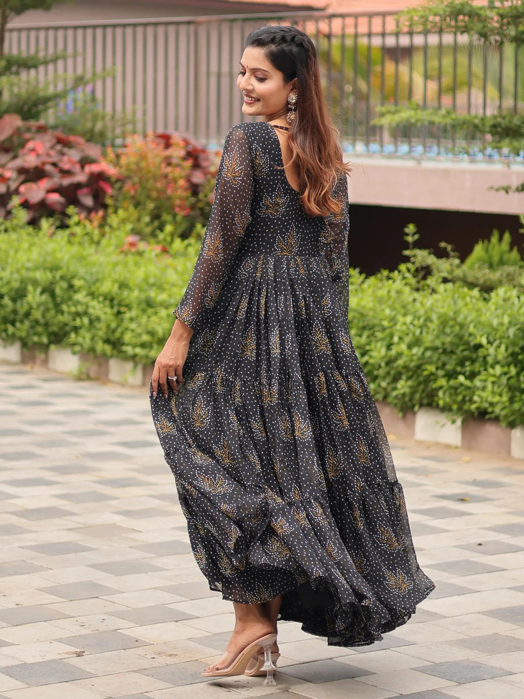 Feminine Black Georgette Bandhani Printed Traditional Layered Gown
