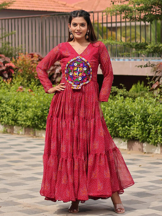 Fantastic Red Georgette Mirror Work Navratri Wear Layered Gown