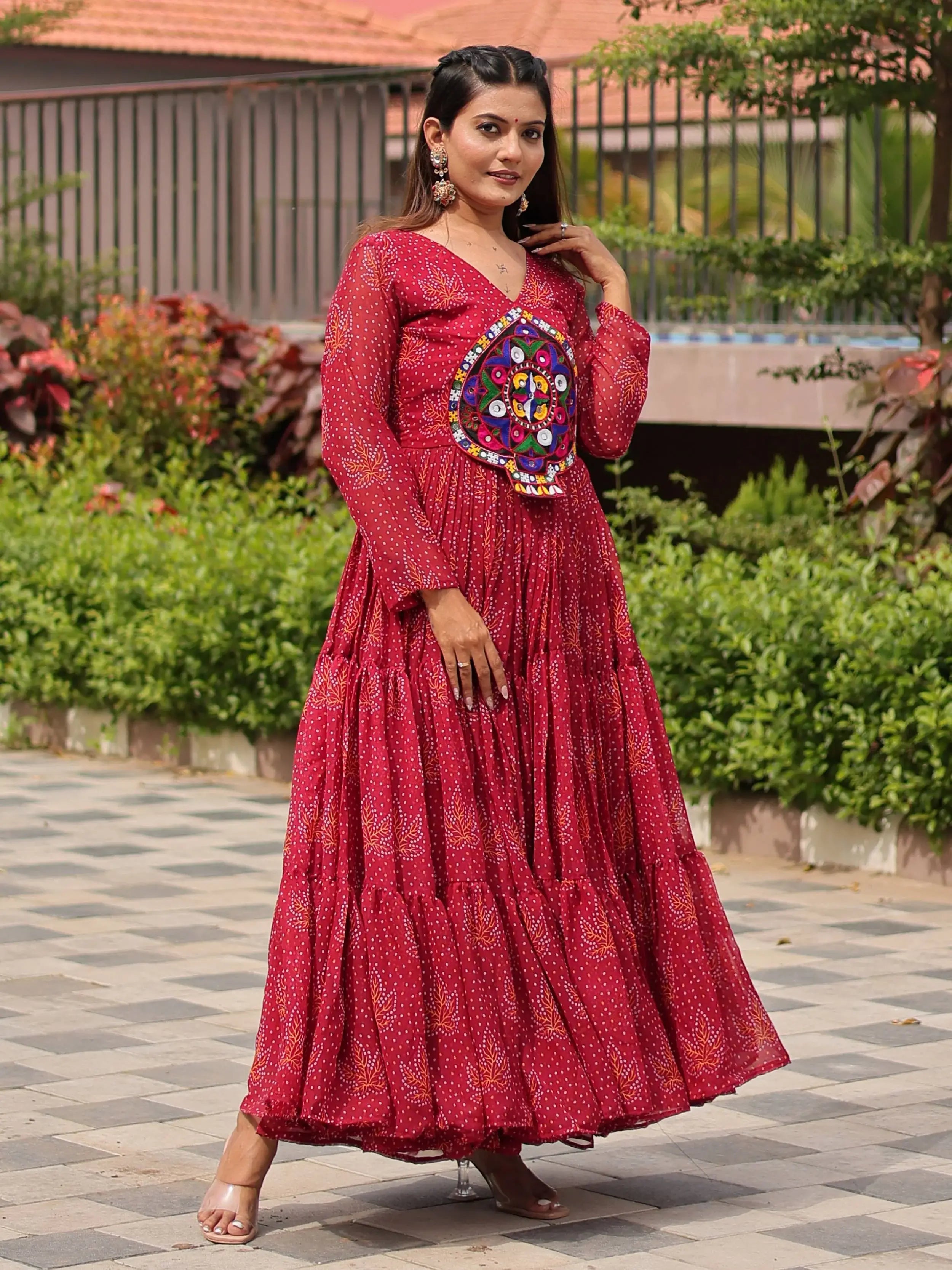 Fantastic Red Georgette Mirror Work Navratri Wear Layered Gown