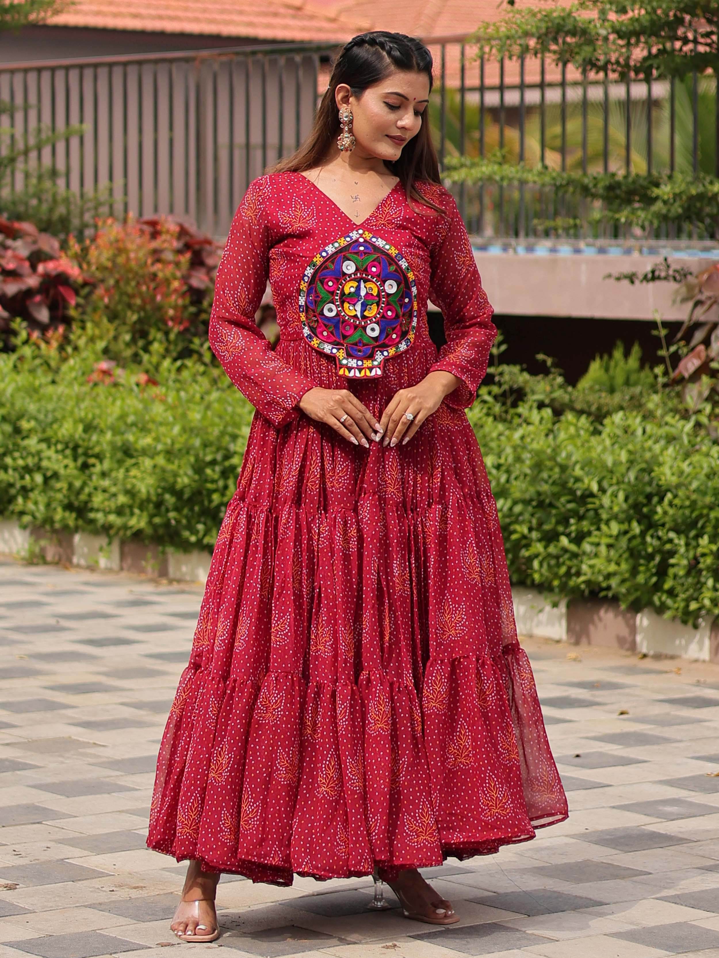Fantastic Red Georgette Mirror Work Navratri Wear Layered Gown