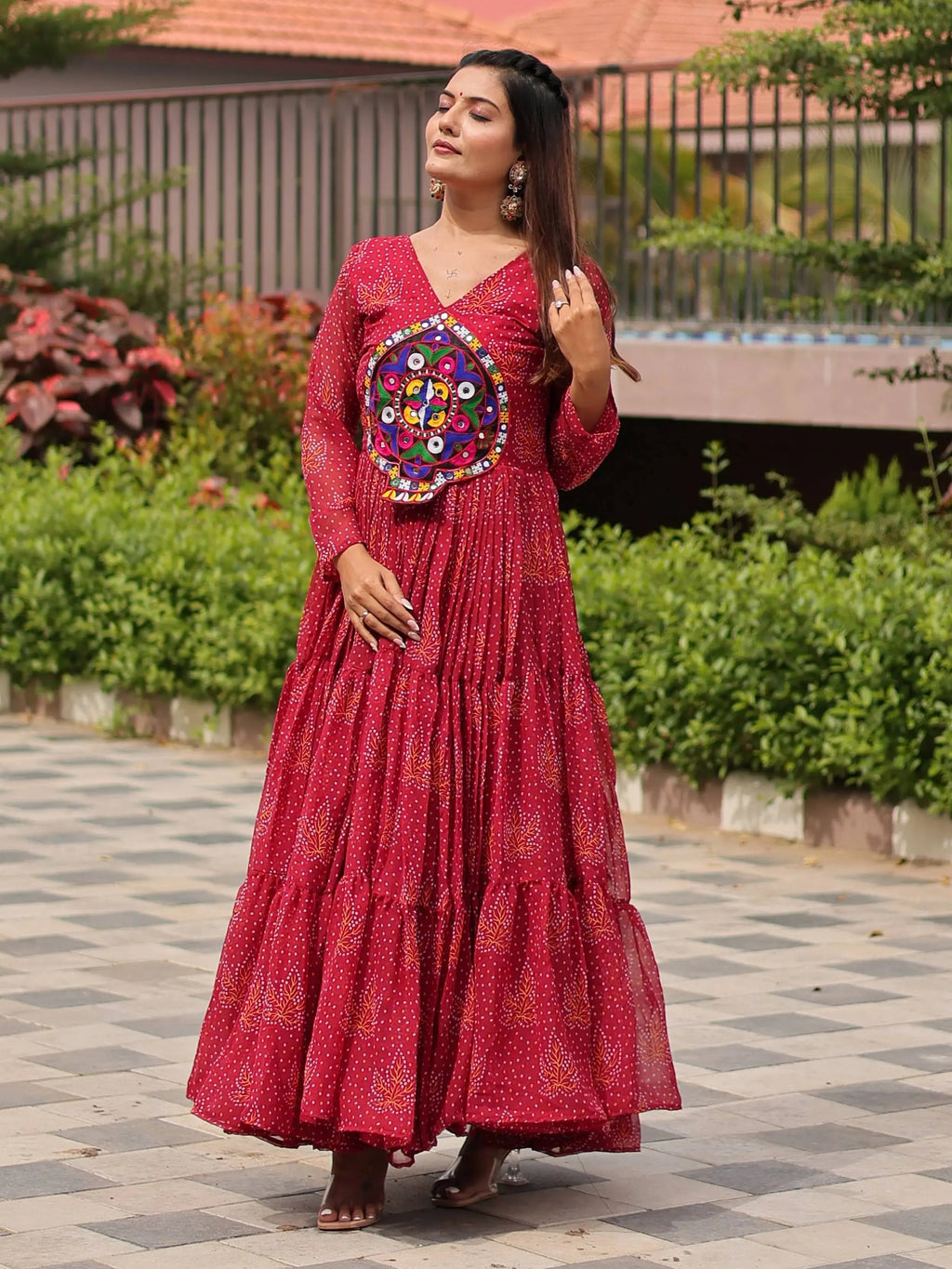Fantastic Red Georgette Mirror Work Navratri Wear Layered Gown