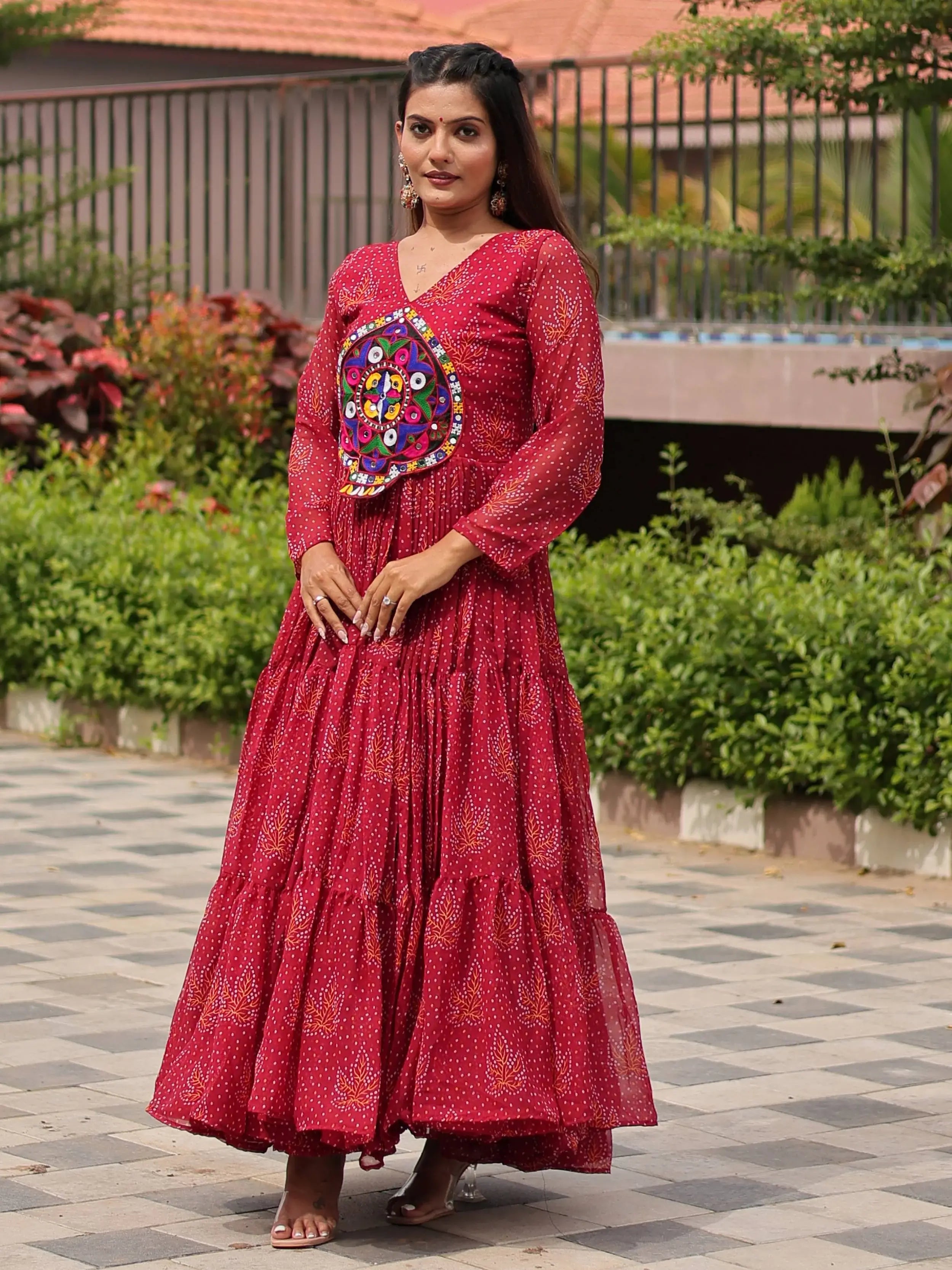 Fantastic Red Georgette Mirror Work Navratri Wear Layered Gown