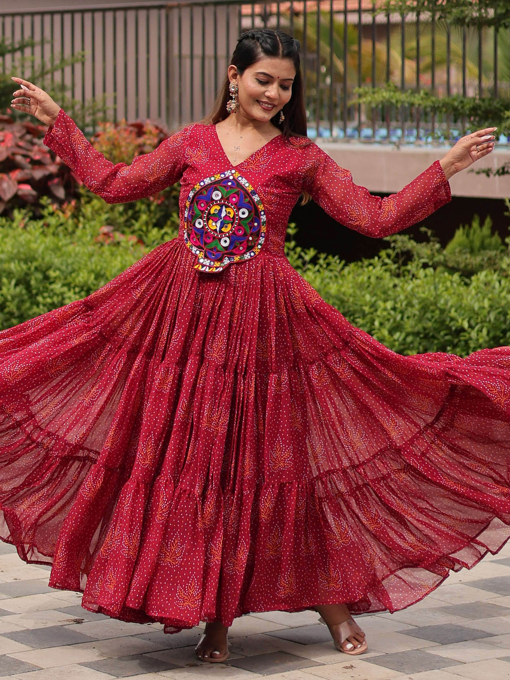 Fantastic Red Georgette Mirror Work Navratri Wear Layered Gown