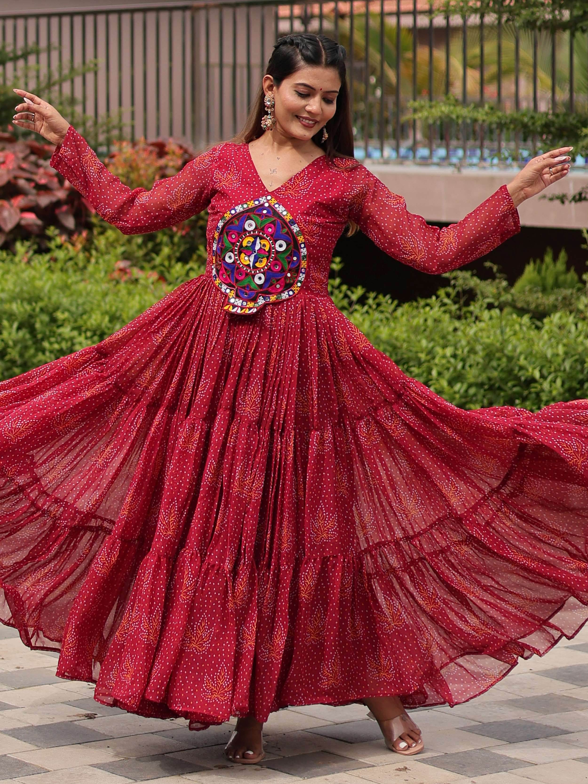 Fantastic Red Georgette Mirror Work Navratri Wear Layered Gown