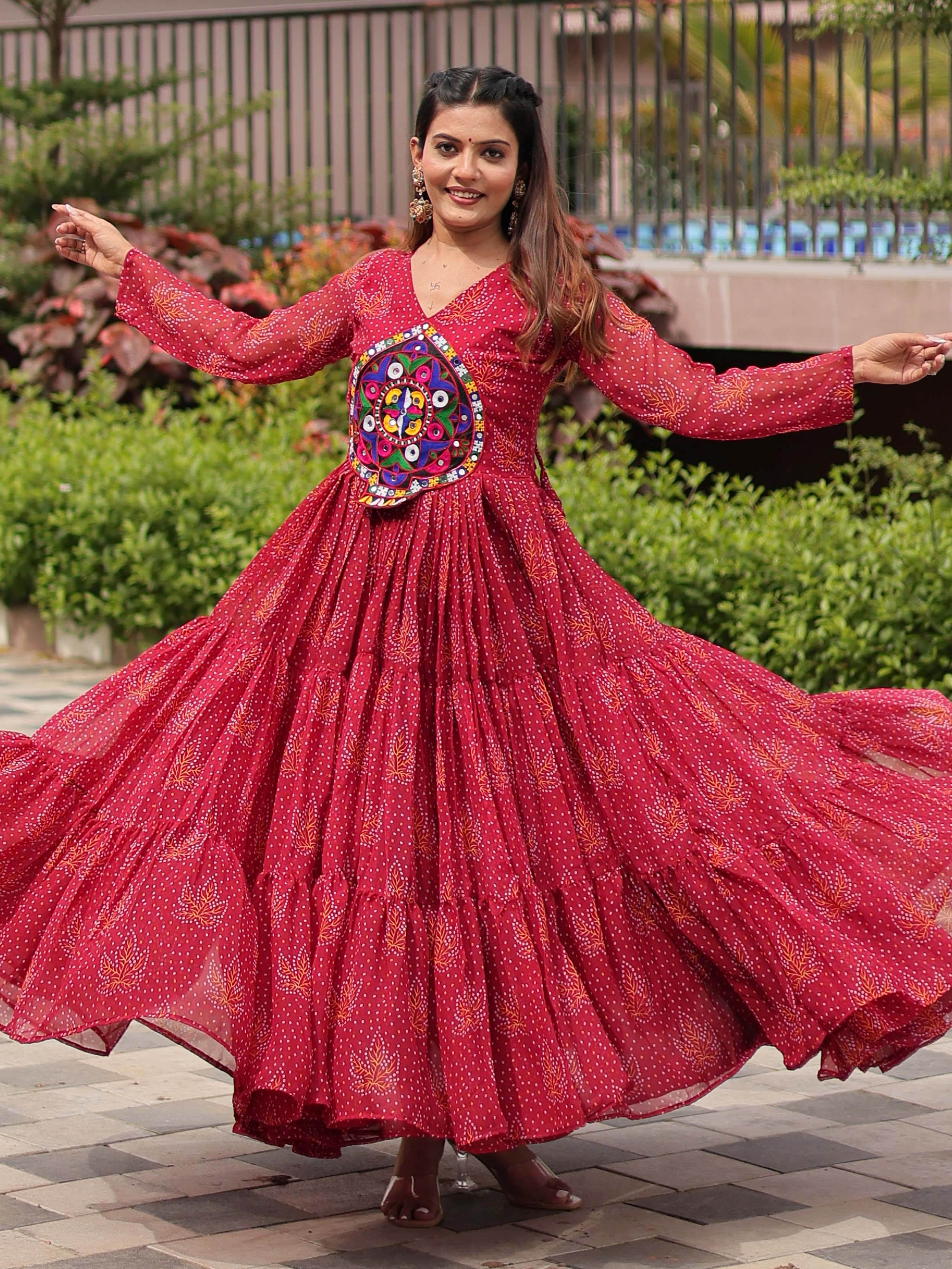 Fantastic Red Georgette Mirror Work Navratri Wear Layered Gown