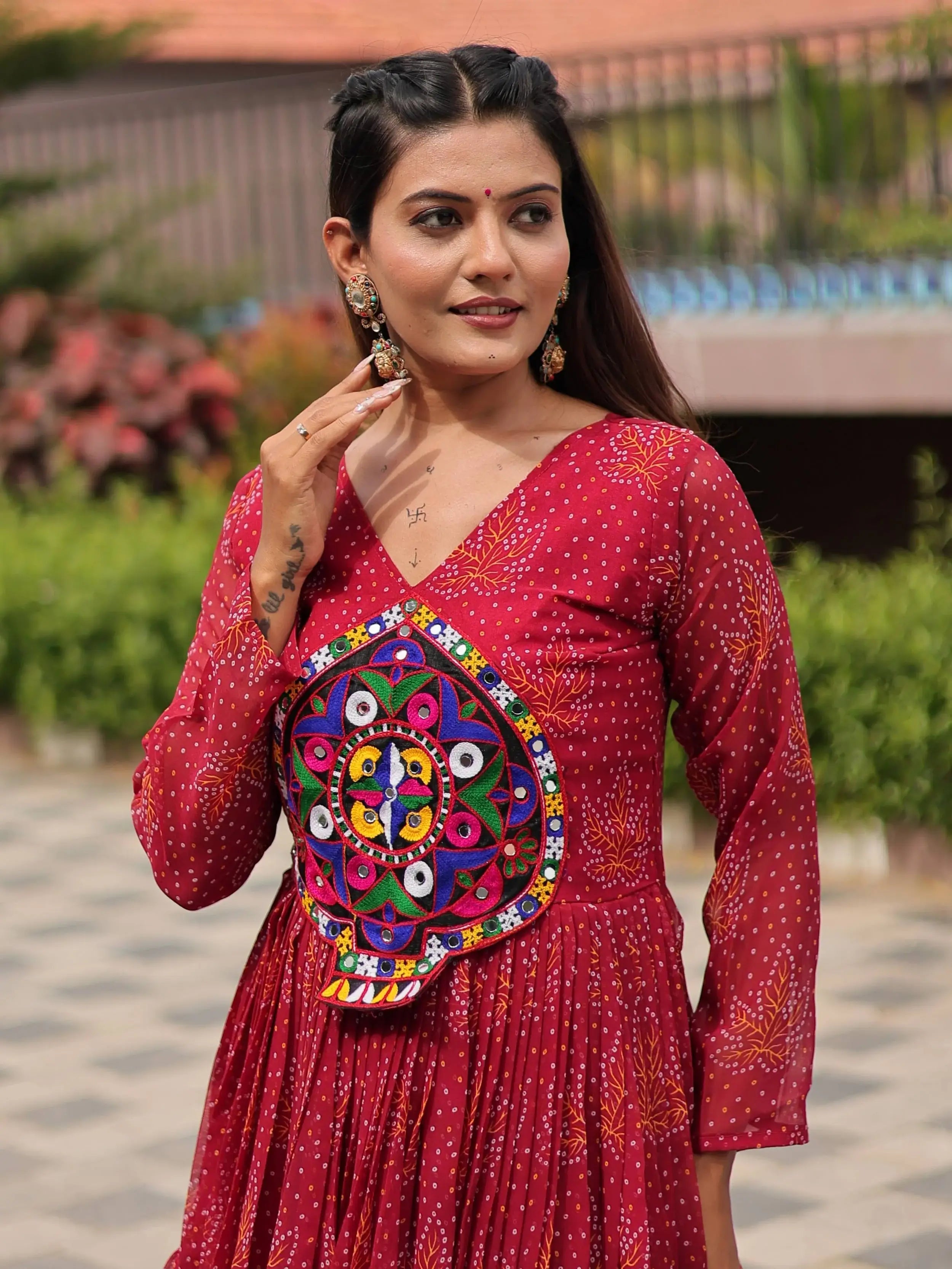 Fantastic Red Georgette Mirror Work Navratri Wear Layered Gown