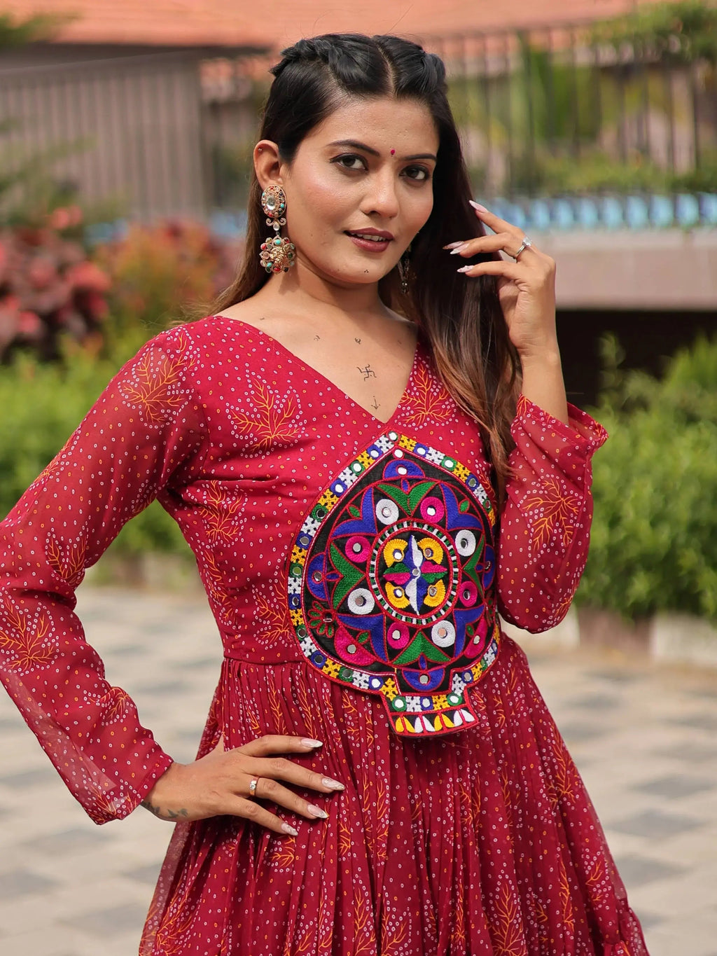 Fantastic Red Georgette Mirror Work Navratri Wear Layered Gown