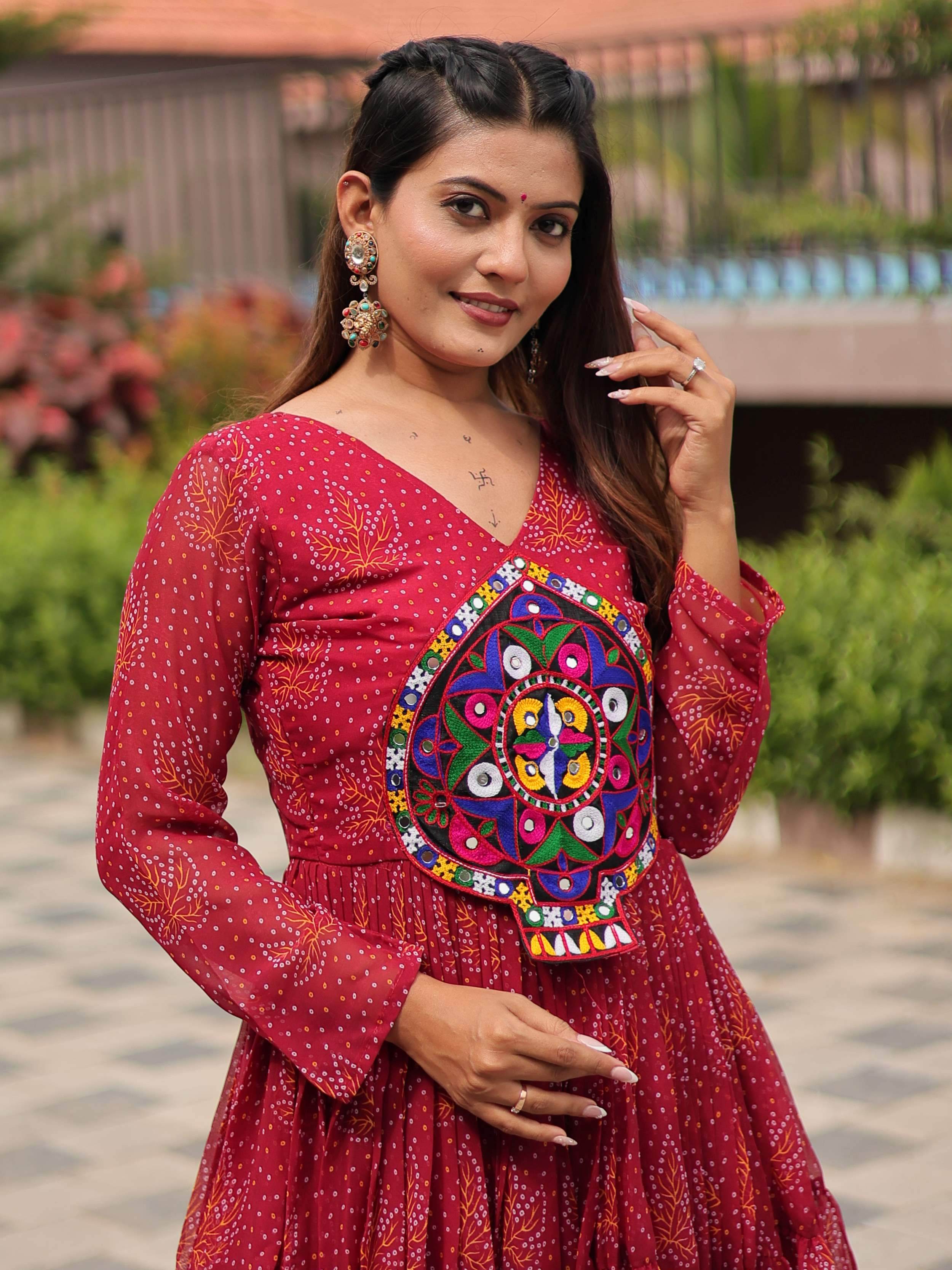 Fantastic Red Georgette Mirror Work Navratri Wear Layered Gown