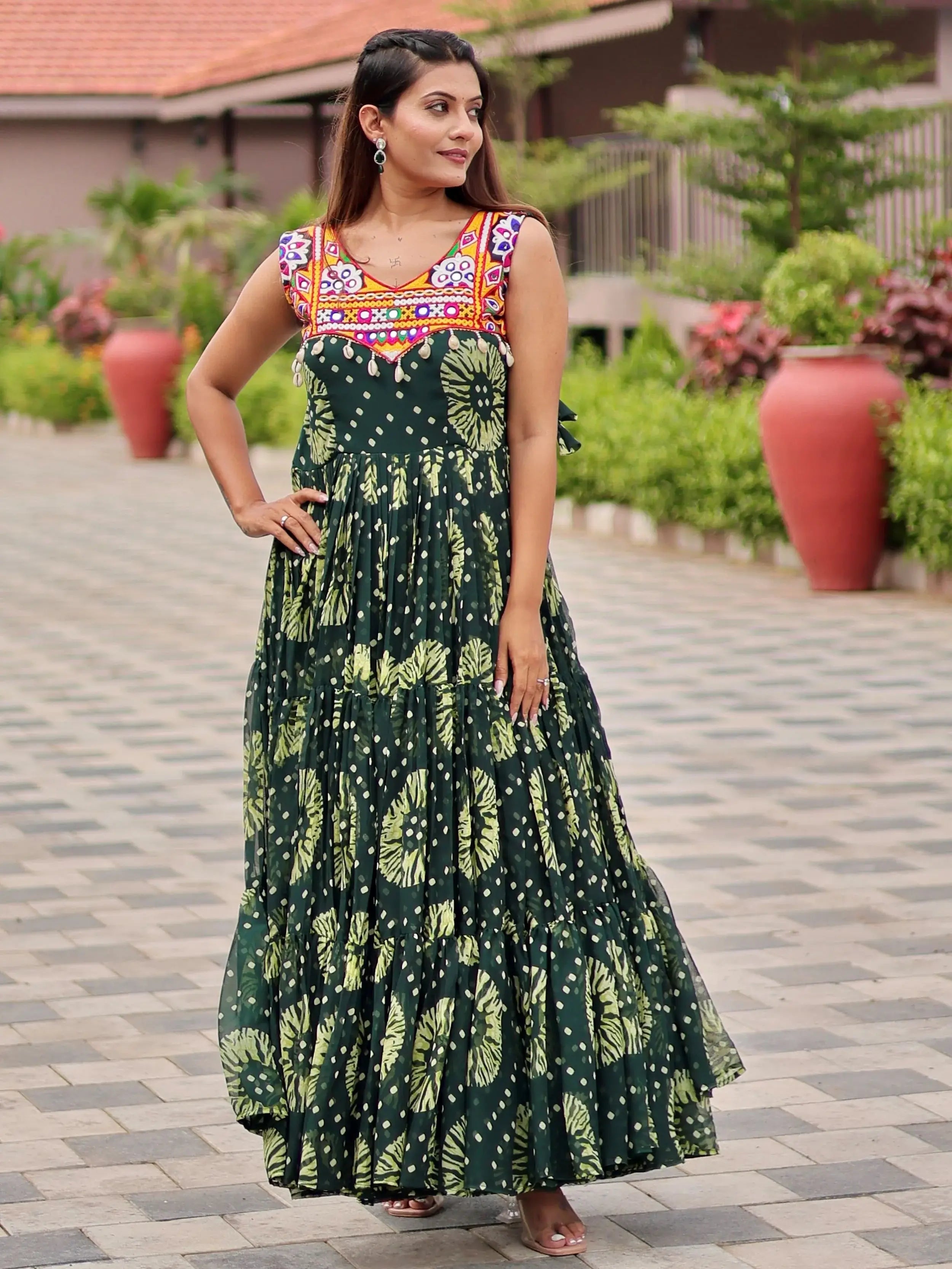 Glamorous Green Georgette Floral Printed Navratri Wear Gown