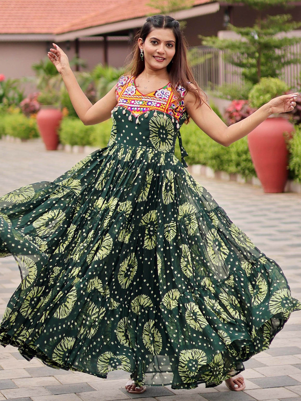 Glamorous Green Georgette Floral Printed Navratri Wear Gown