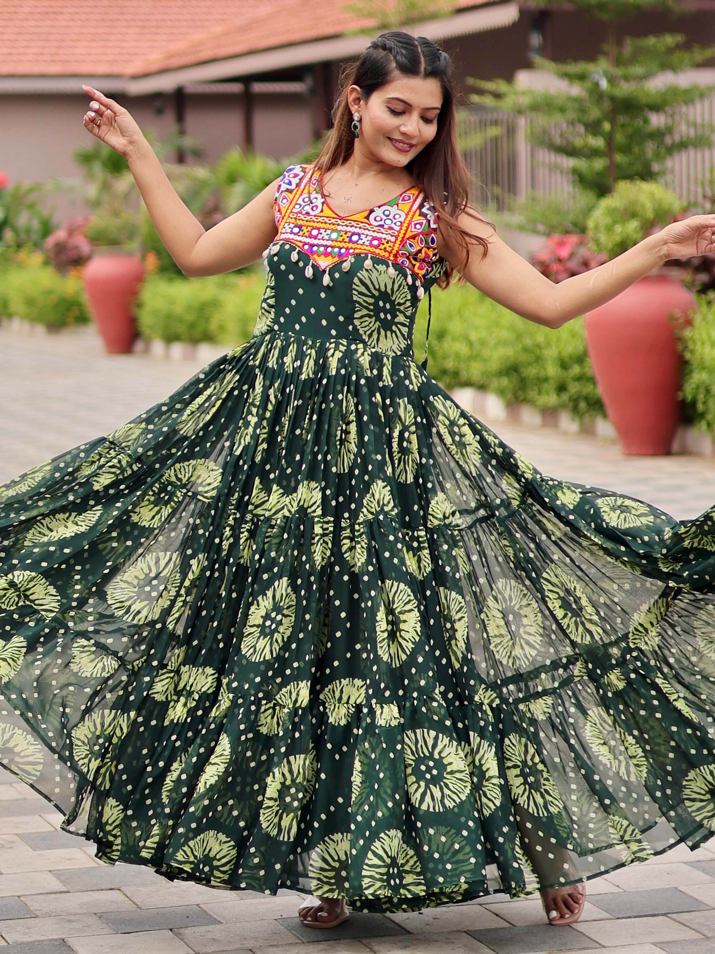 Glamorous Green Georgette Floral Printed Navratri Wear Gown