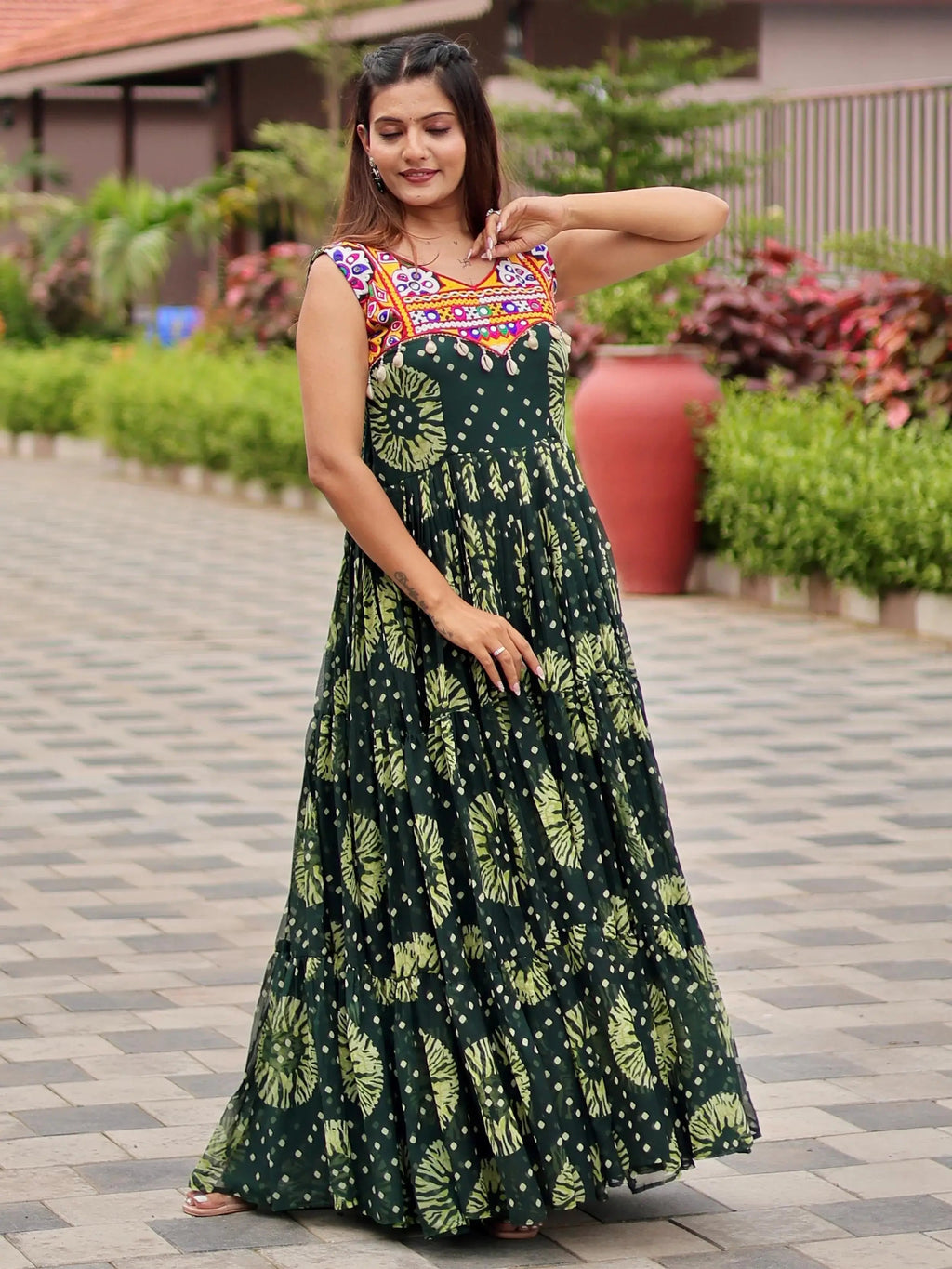 Glamorous Green Georgette Floral Printed Navratri Wear Gown