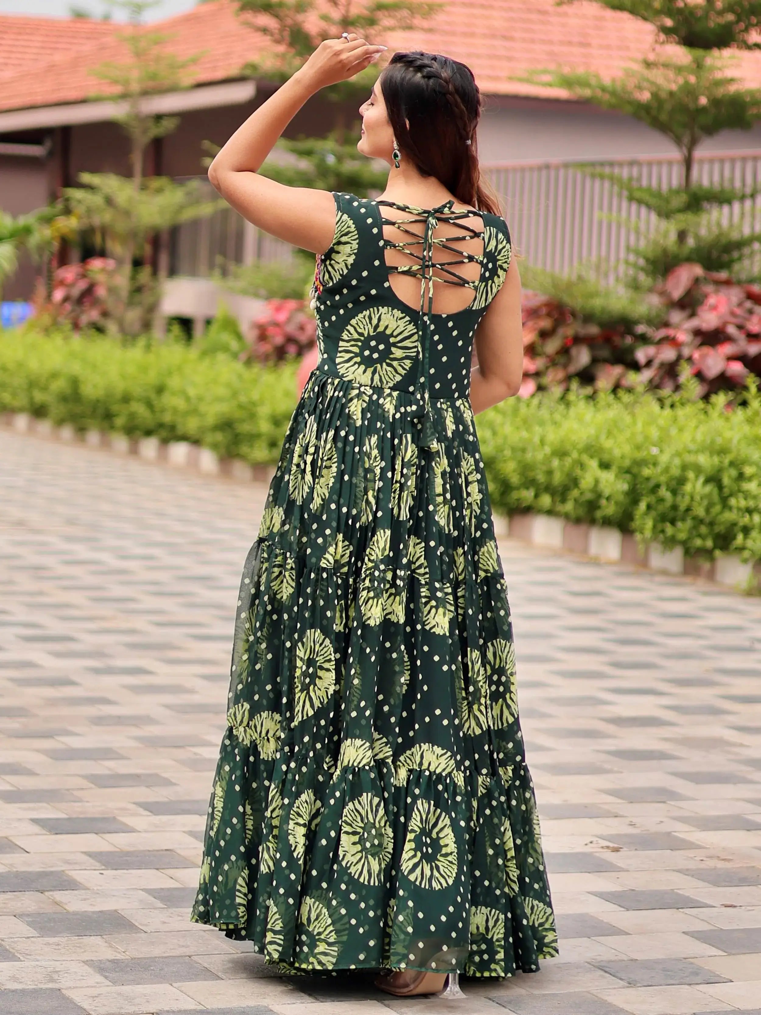 Glamorous Green Georgette Floral Printed Navratri Wear Gown