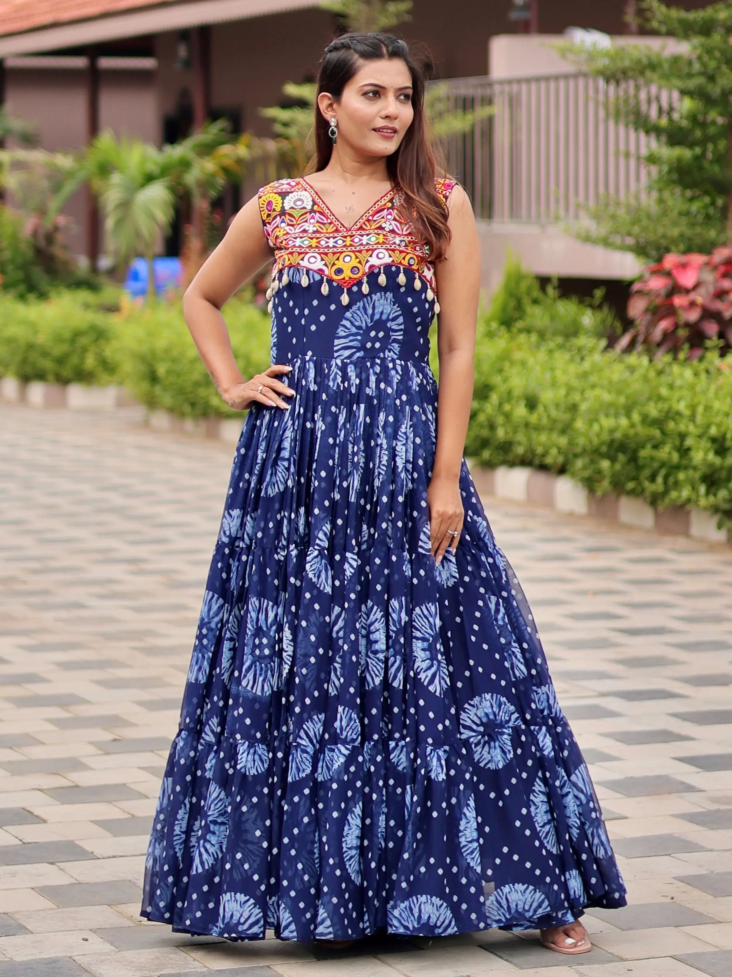 Regal Blue Mirror Work Georgette Festival Wear Gown