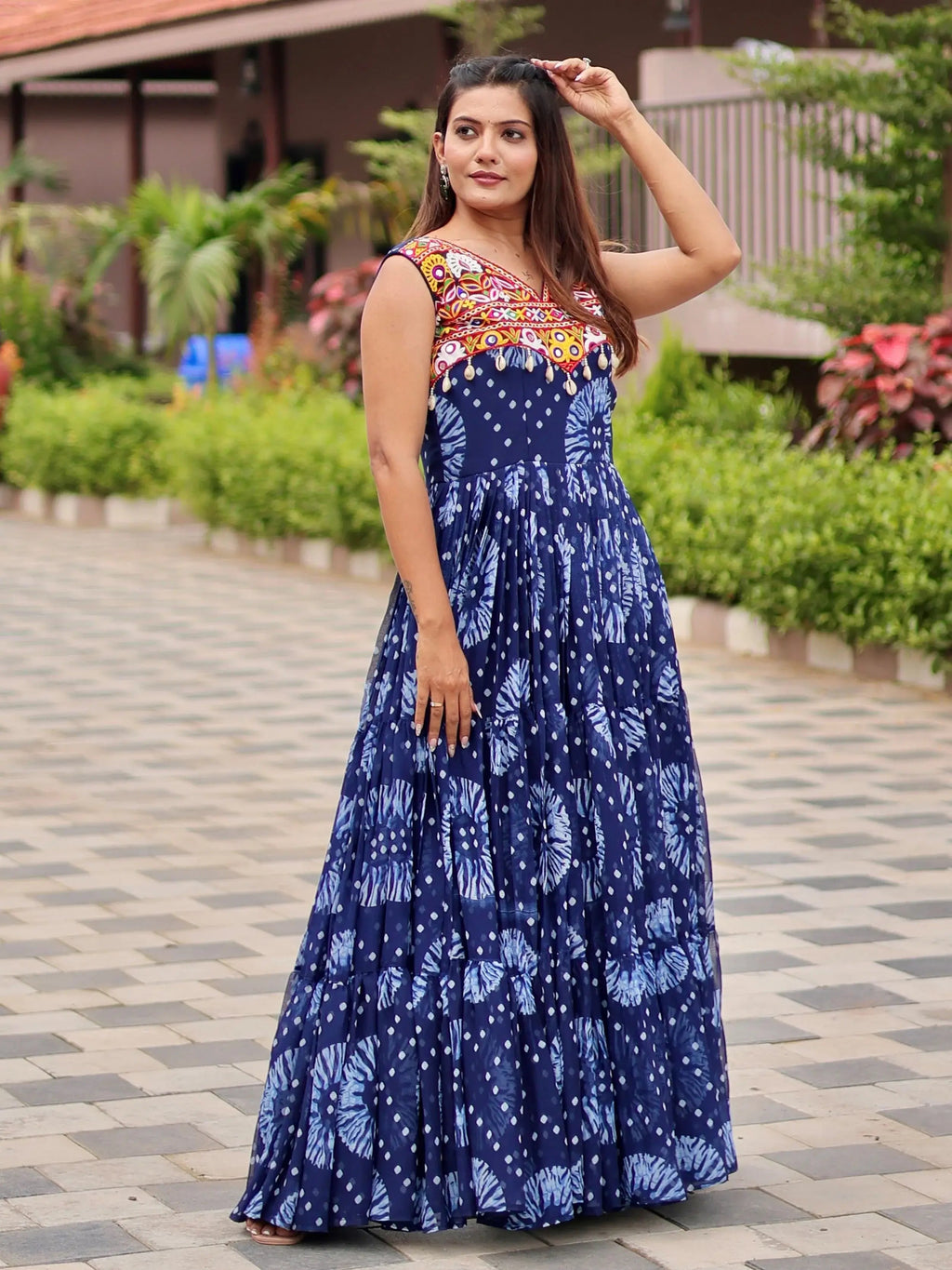 Regal Blue Mirror Work Georgette Festival Wear Gown