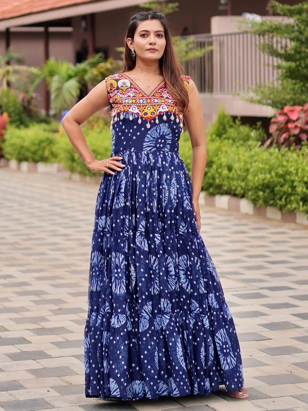 Regal Blue Mirror Work Georgette Festival Wear Gown