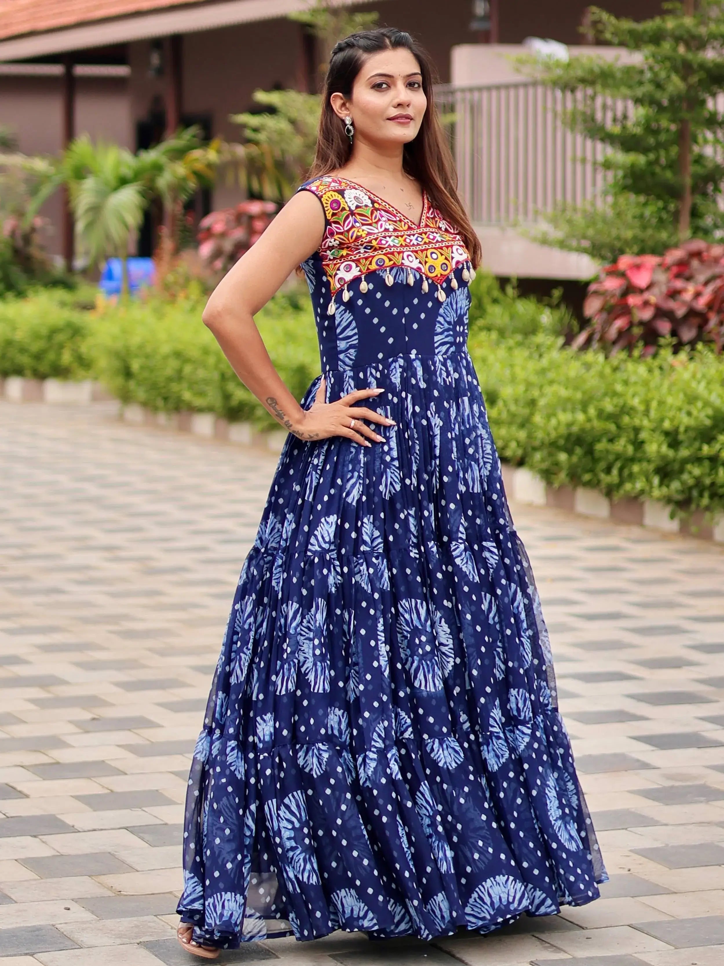 Regal Blue Mirror Work Georgette Festival Wear Gown