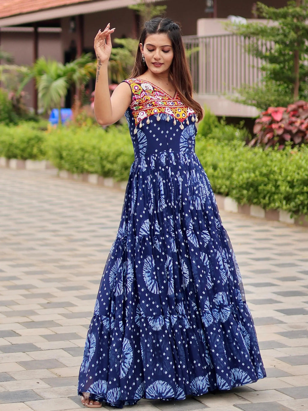 Regal Blue Mirror Work Georgette Festival Wear Gown