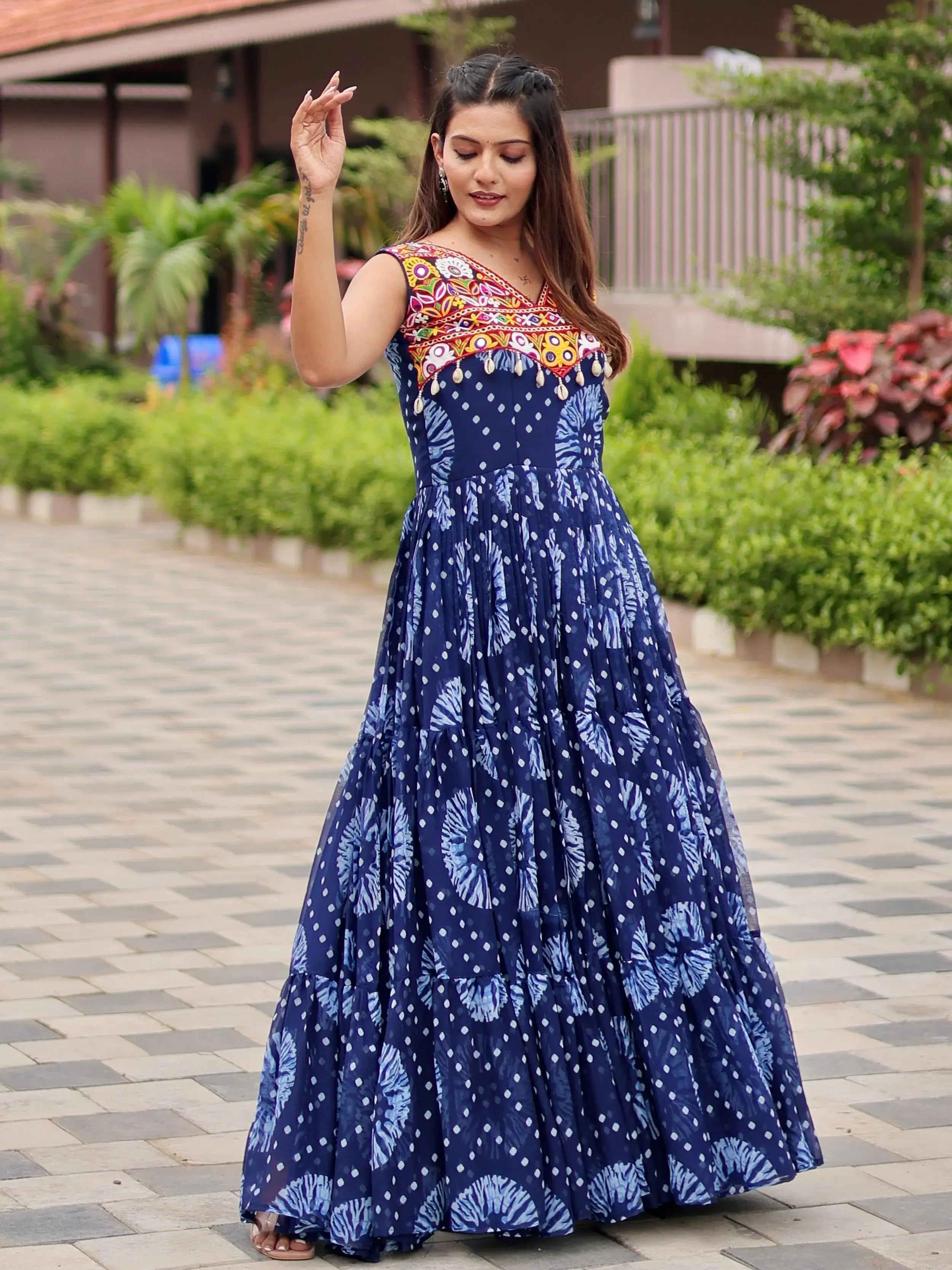 Regal Blue Mirror Work Georgette Festival Wear Gown