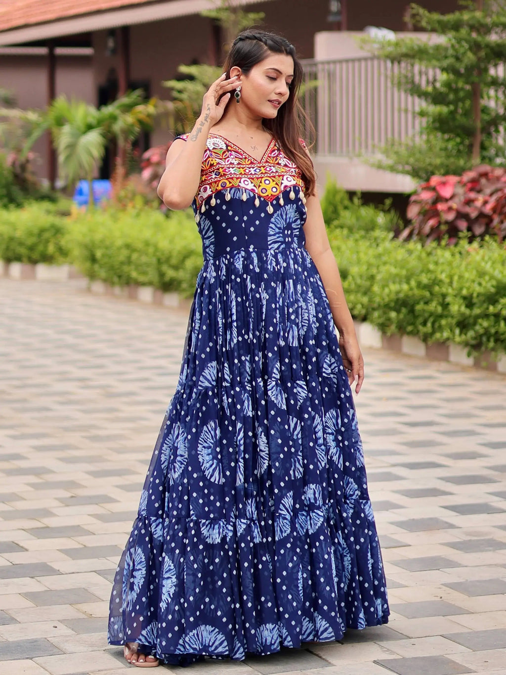 Regal Blue Mirror Work Georgette Festival Wear Gown