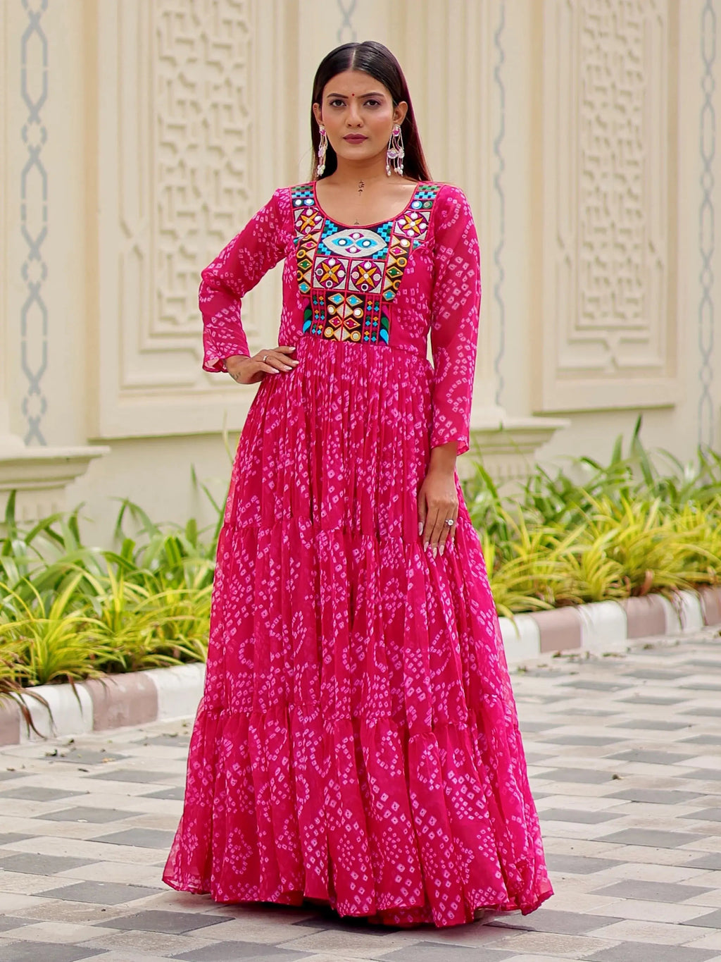 Regal Pink Georgette Bandhani Printed Navratri Wear Gown