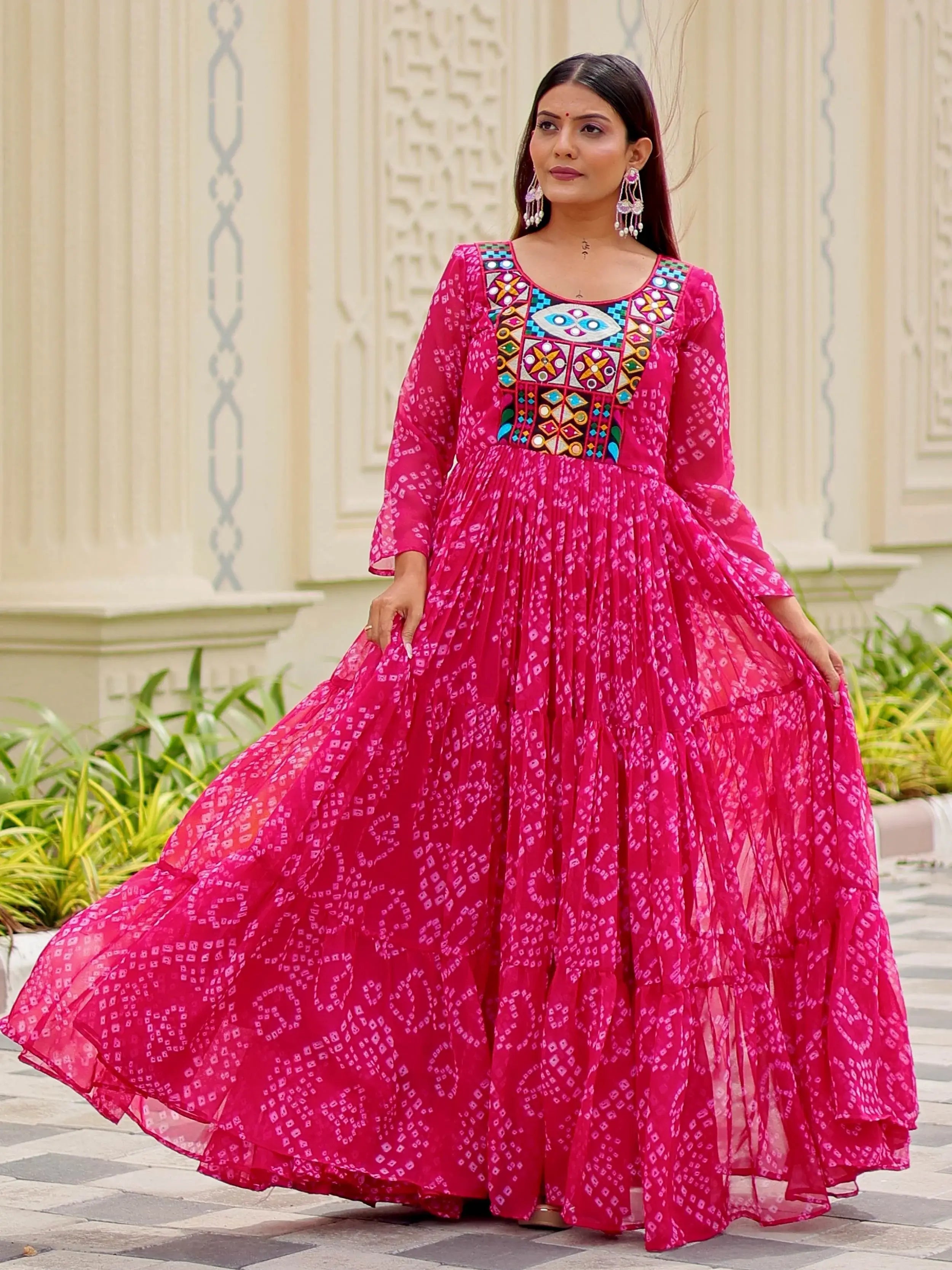 Regal Pink Georgette Bandhani Printed Navratri Wear Gown