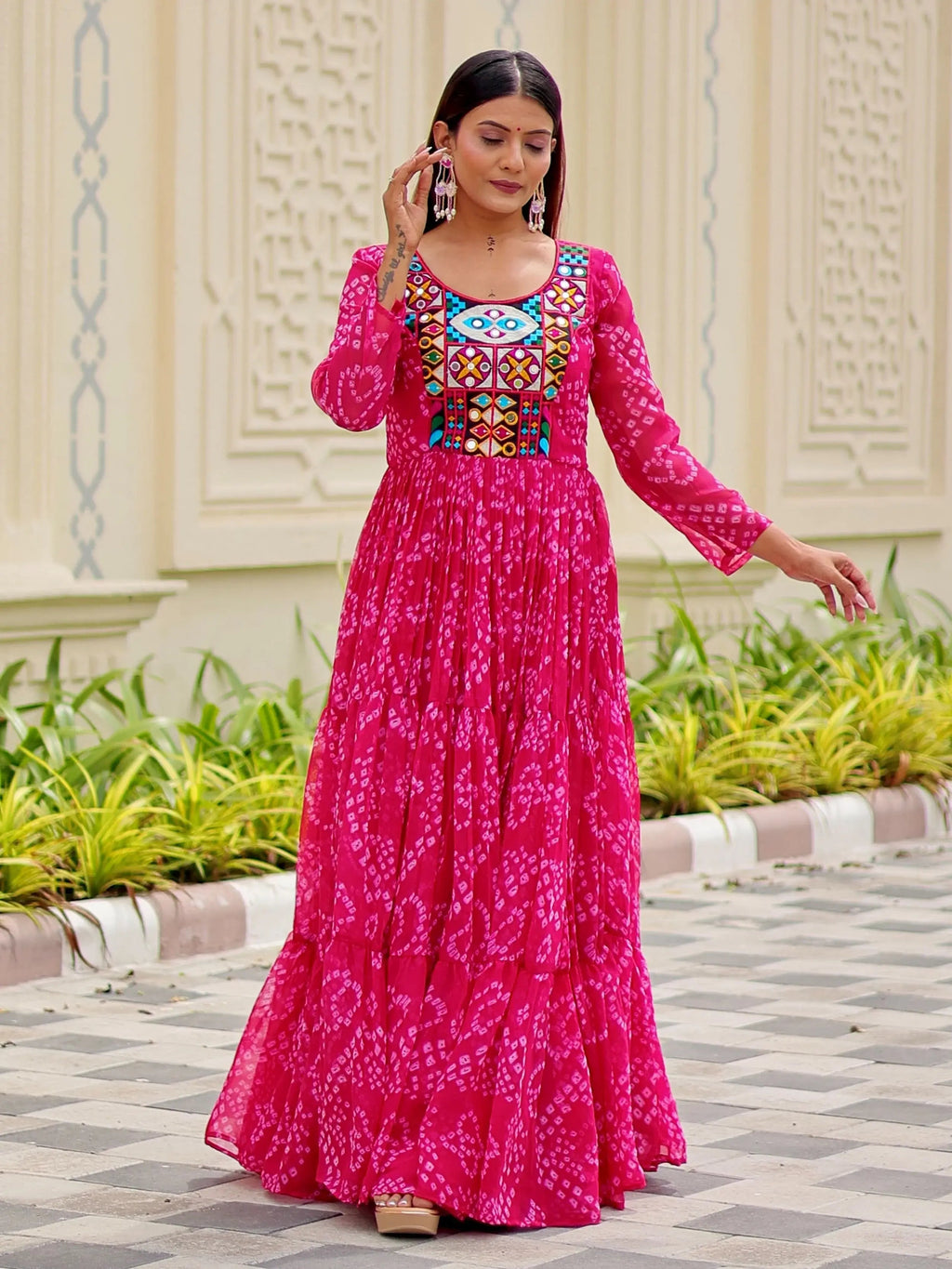 Regal Pink Georgette Bandhani Printed Navratri Wear Gown
