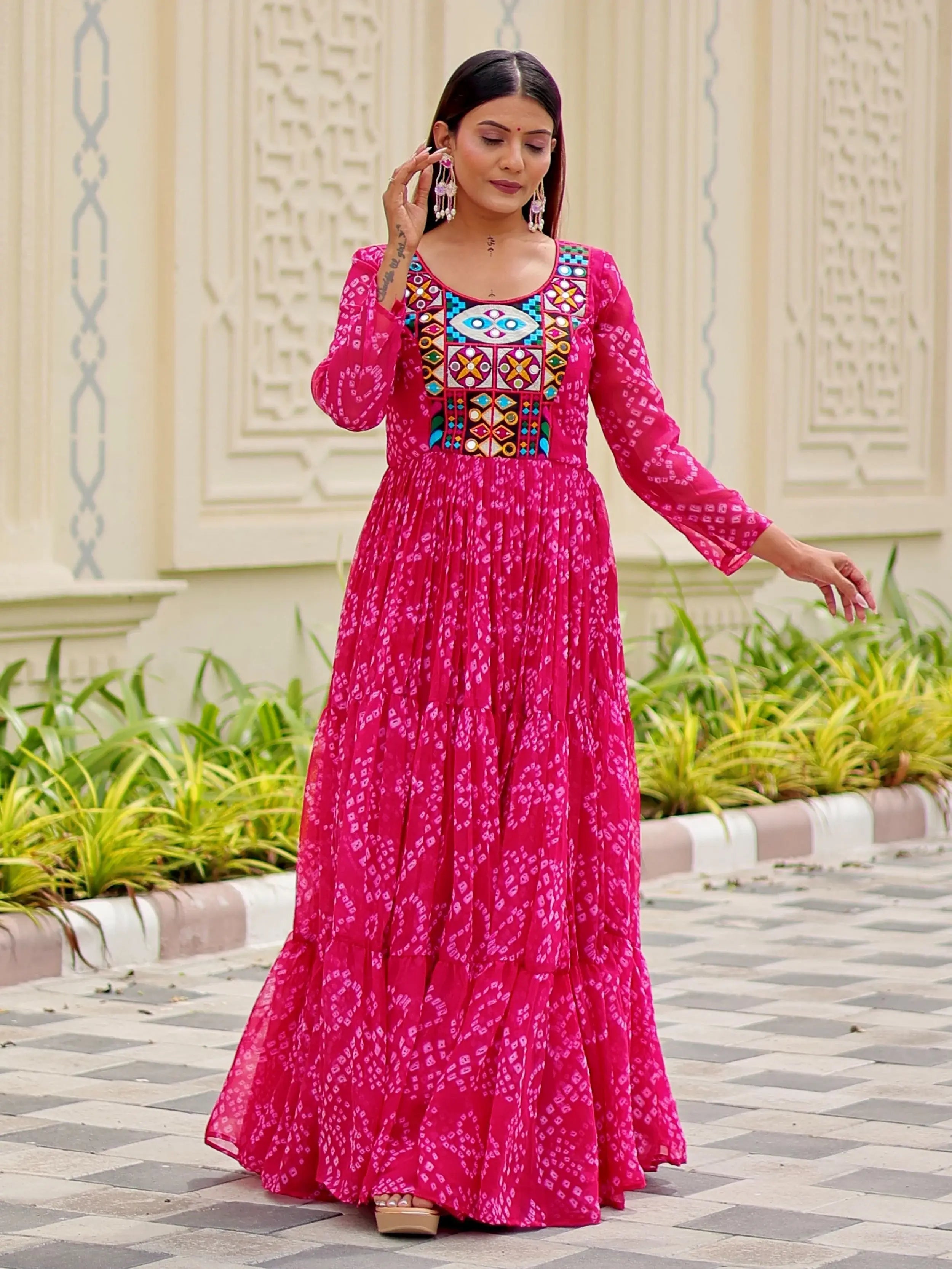 Regal Pink Georgette Bandhani Printed Navratri Wear Gown