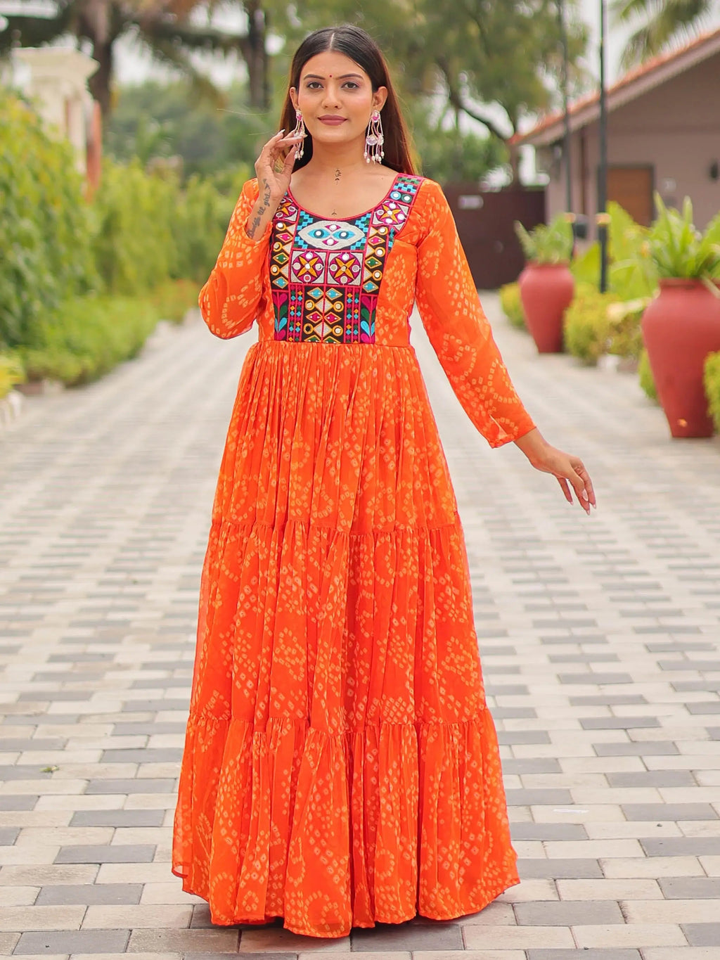 Timeless Orange Georgette Gamthi Work Navratri Special Gown