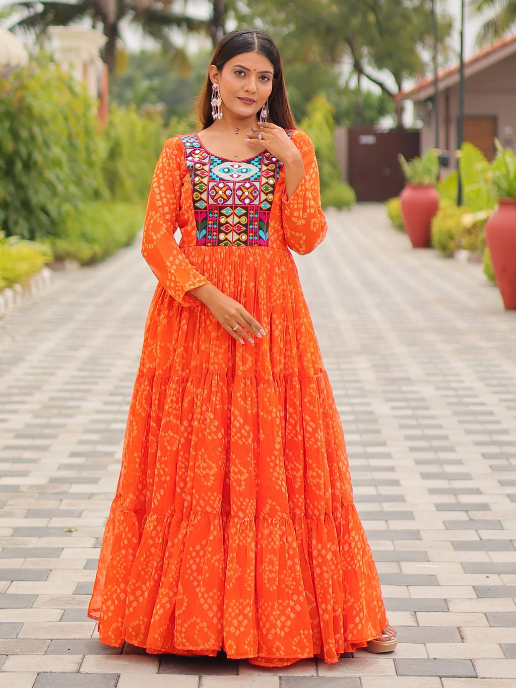 Timeless Orange Georgette Gamthi Work Navratri Special Gown