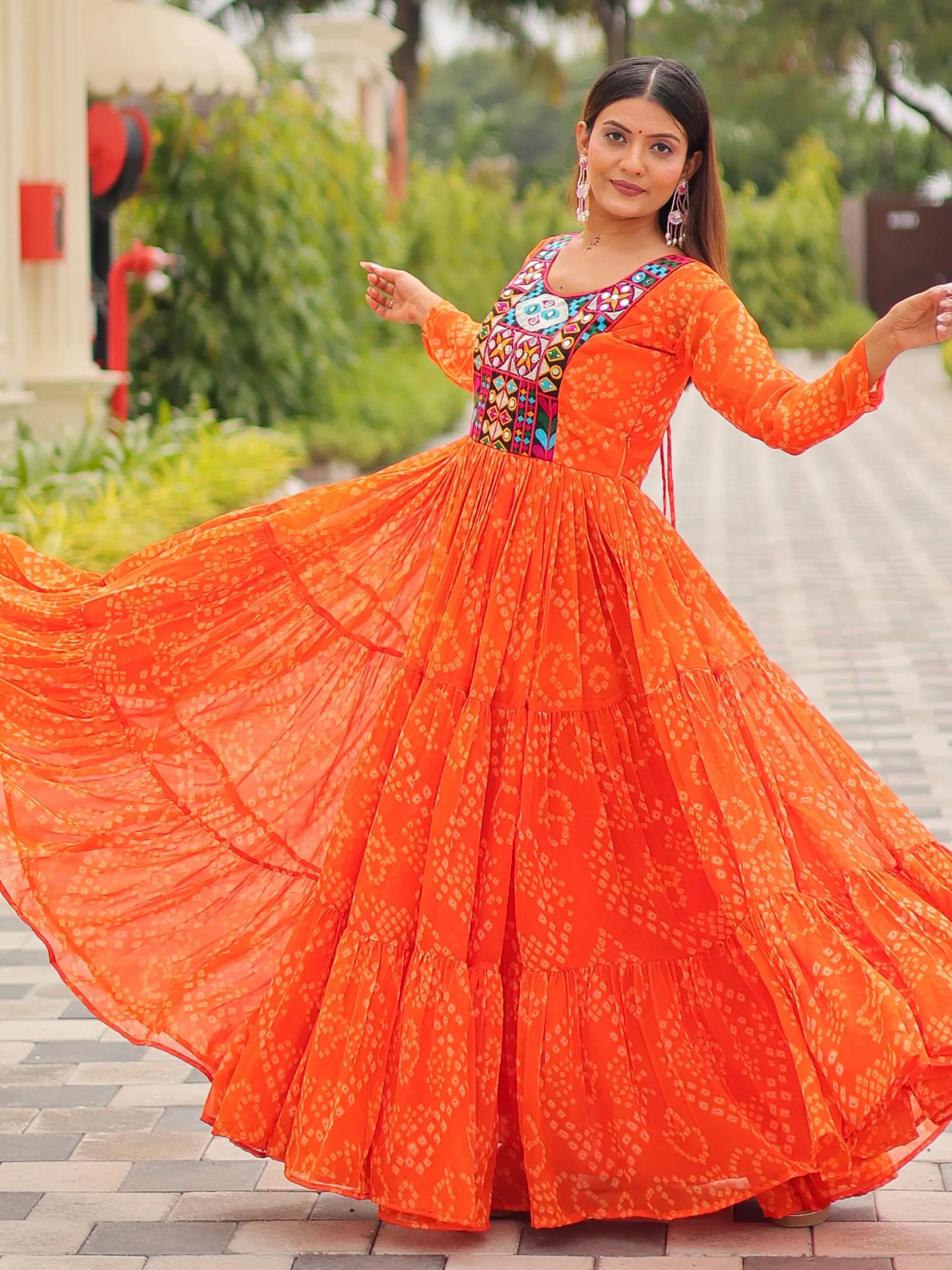 Timeless Orange Georgette Gamthi Work Navratri Special Gown