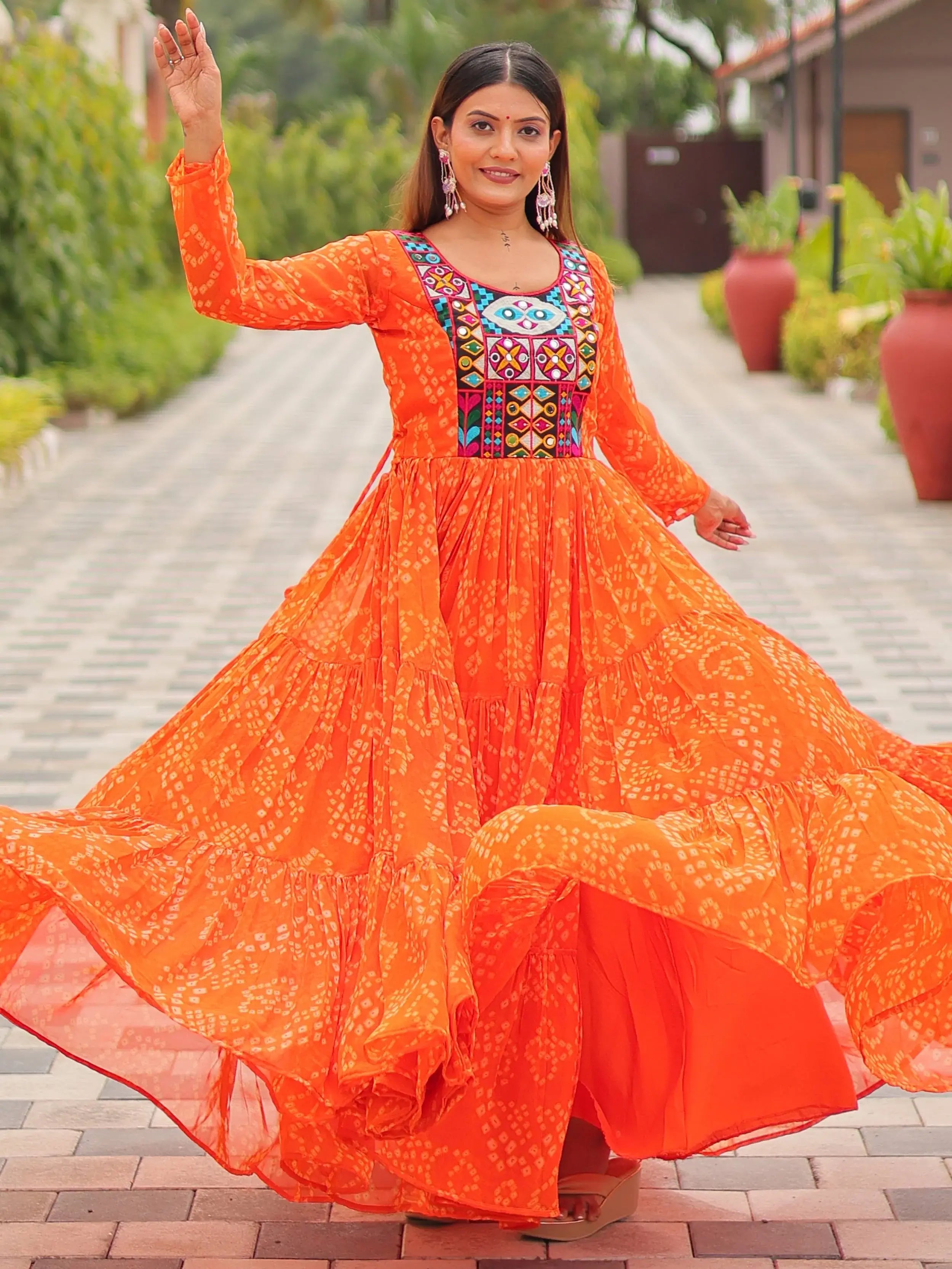 Timeless Orange Georgette Gamthi Work Navratri Special Gown