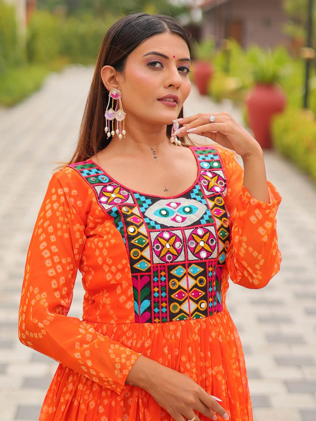 Timeless Orange Georgette Gamthi Work Navratri Special Gown