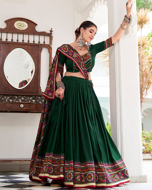 Green Color Tussar Silk Full Stitched Navratri Lehenga Choli - ETHNICDEAL