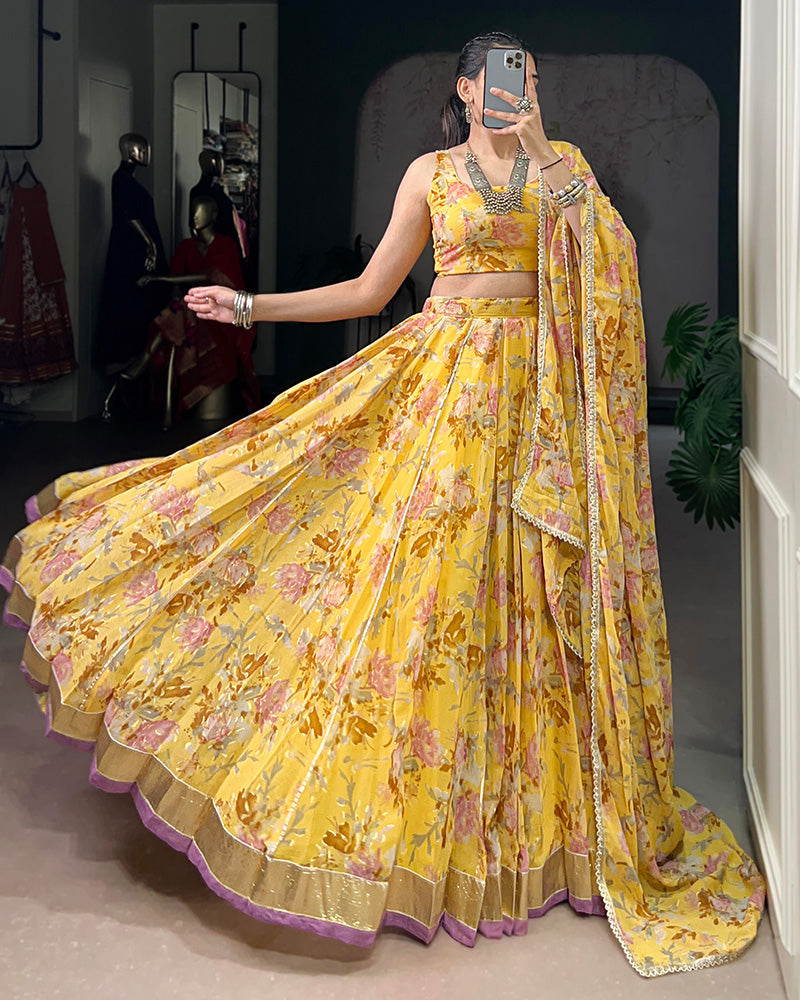 Yellow Color Chiffon Printed Designer Lehenga Choli - ETHNICDEAL