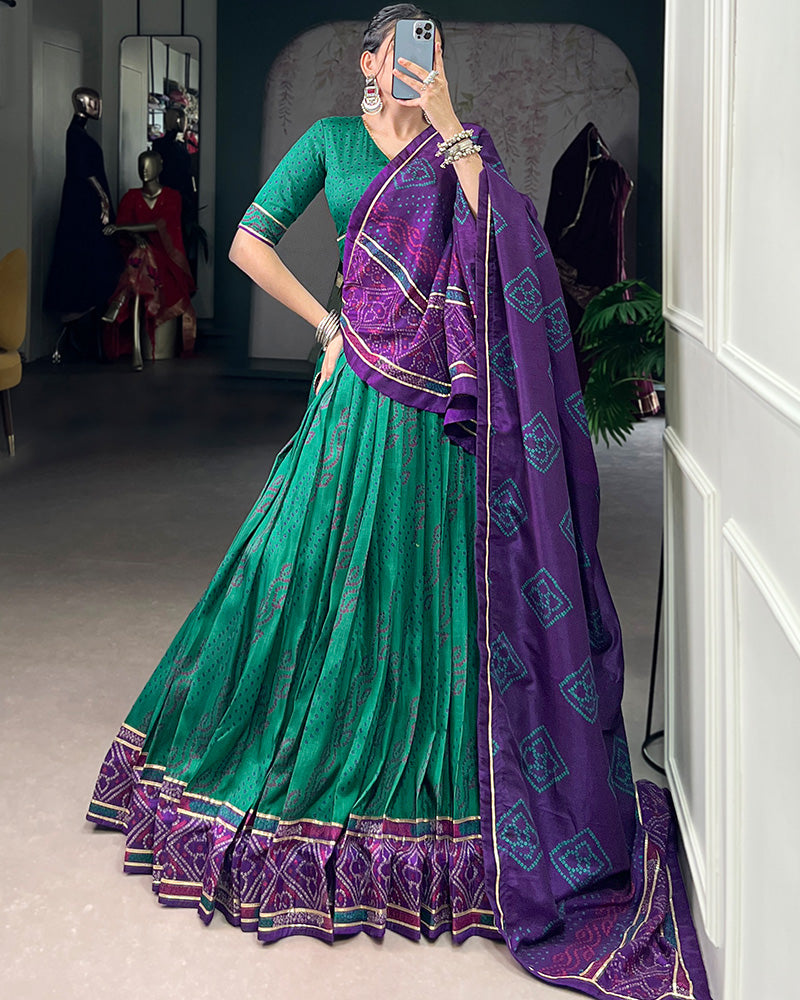 Green Tussar Silk Bandhej Lehenga Choli For Festive Wear - ETHNICDEAL