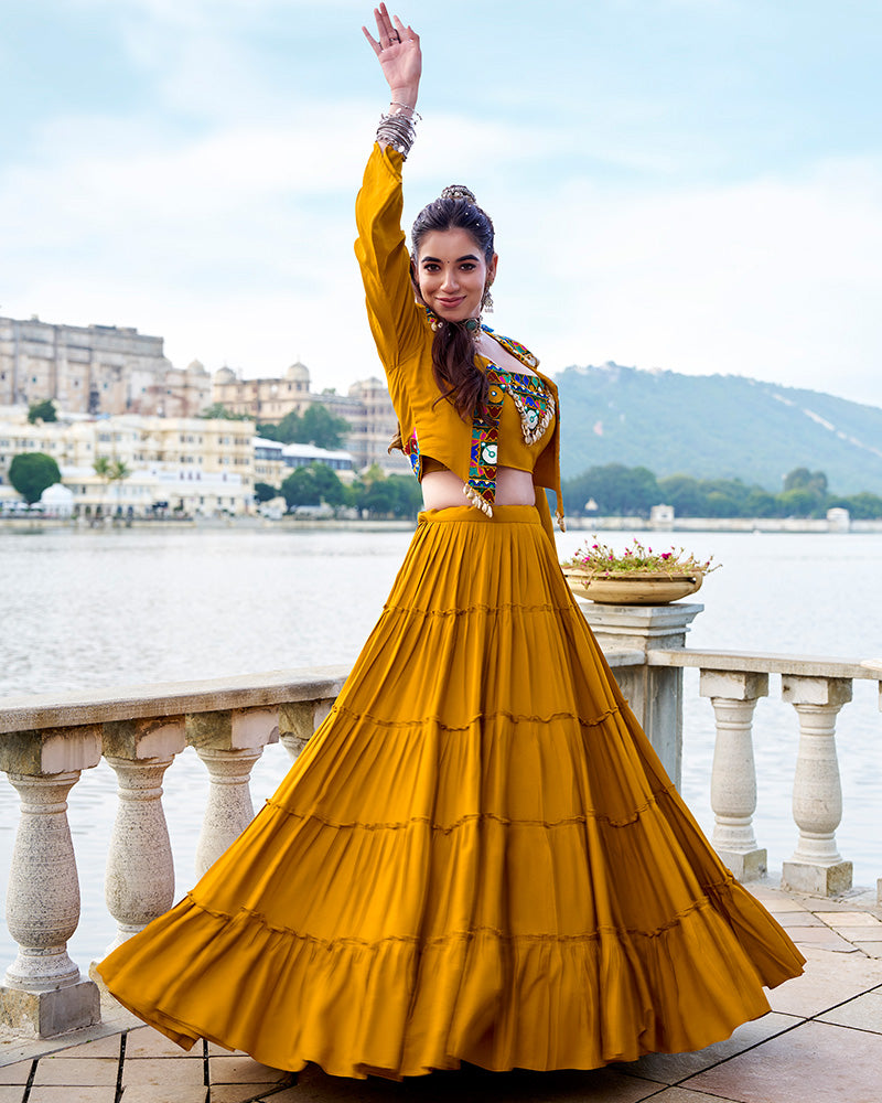 Mustard Rayon Navratri Lehenga Choli – Elegant Traditional Garba & Dandiya Outfit - ETHNICDEAL
