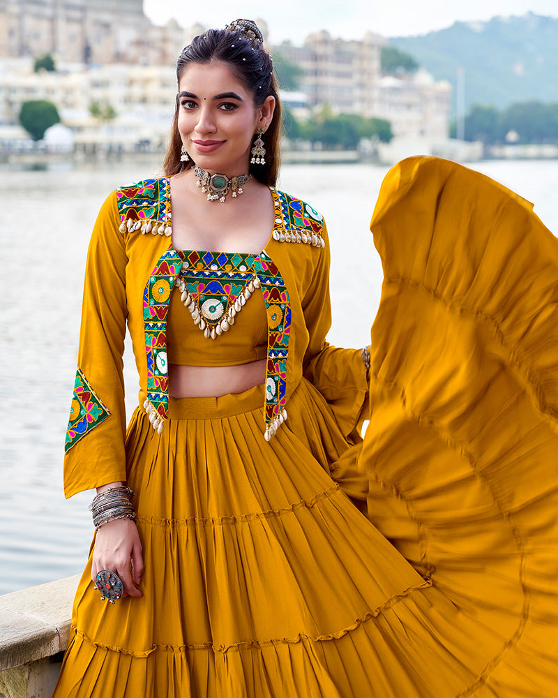 Mustard Rayon Navratri Lehenga Choli – Elegant Traditional Garba & Dandiya Outfit - ETHNICDEAL