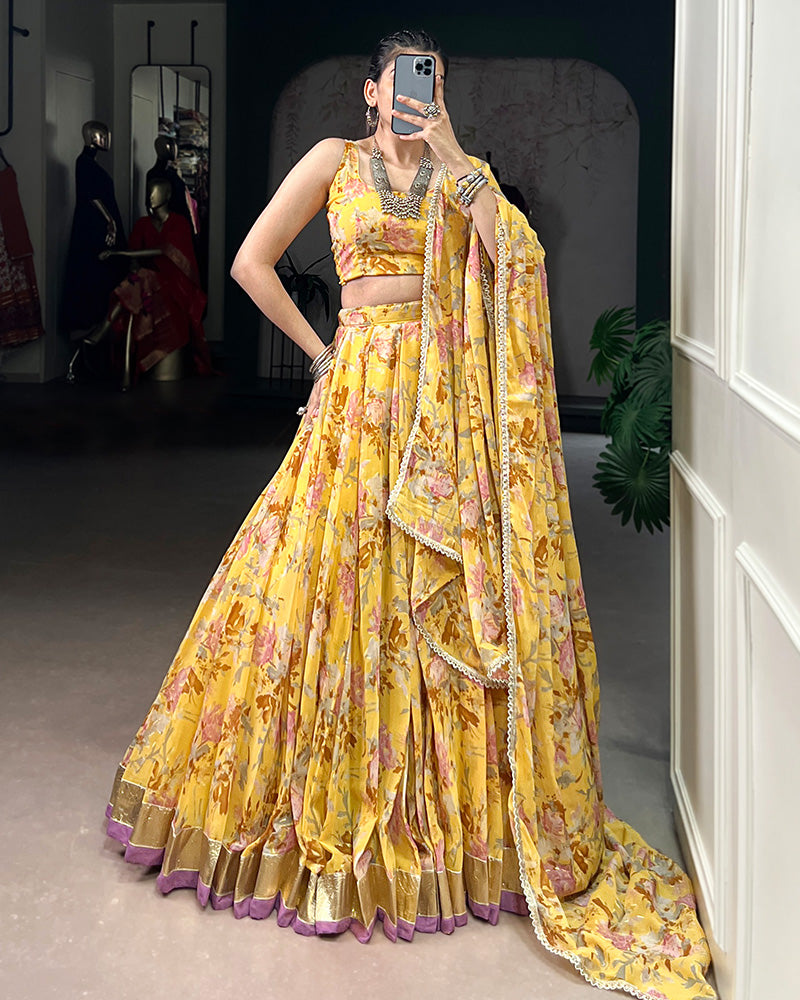 Yellow Color Chiffon Printed Designer Lehenga Choli - ETHNICDEAL